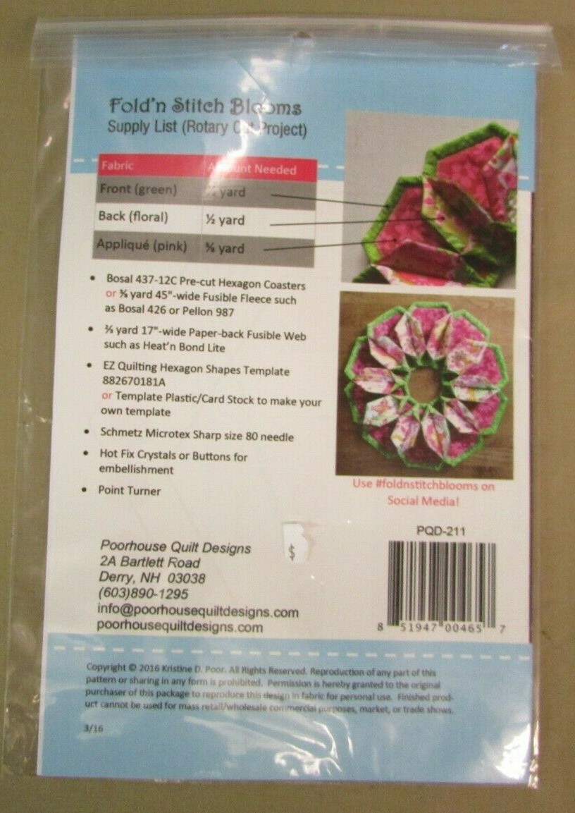 New Poorhouse Quilt Designs Fold 'N Stitch Blooms Quilt Pattern PQD-211