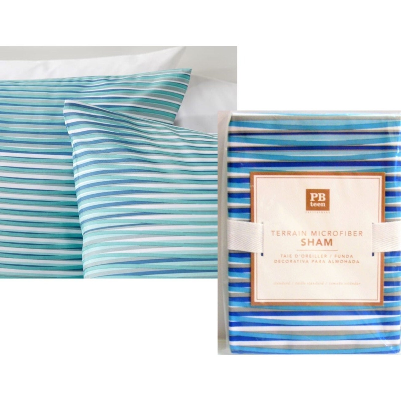 NEW P Barn Standard PILLOWCASE Blue White Striped Organic Terrain Microfiber NIP