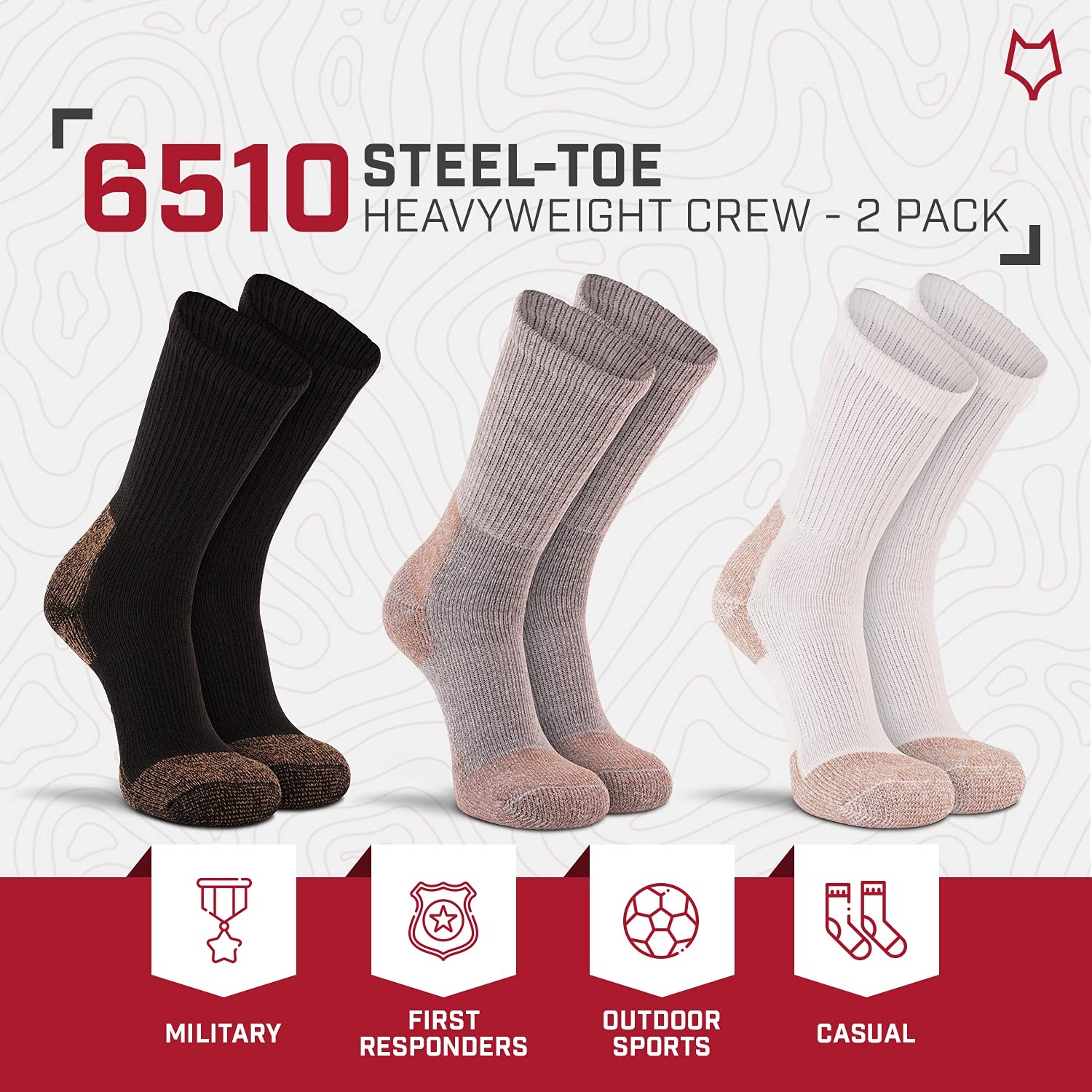 FOX RIVER Steel-Toe Work Socks | 2 Pack | Heavyweight | Arch Large, White