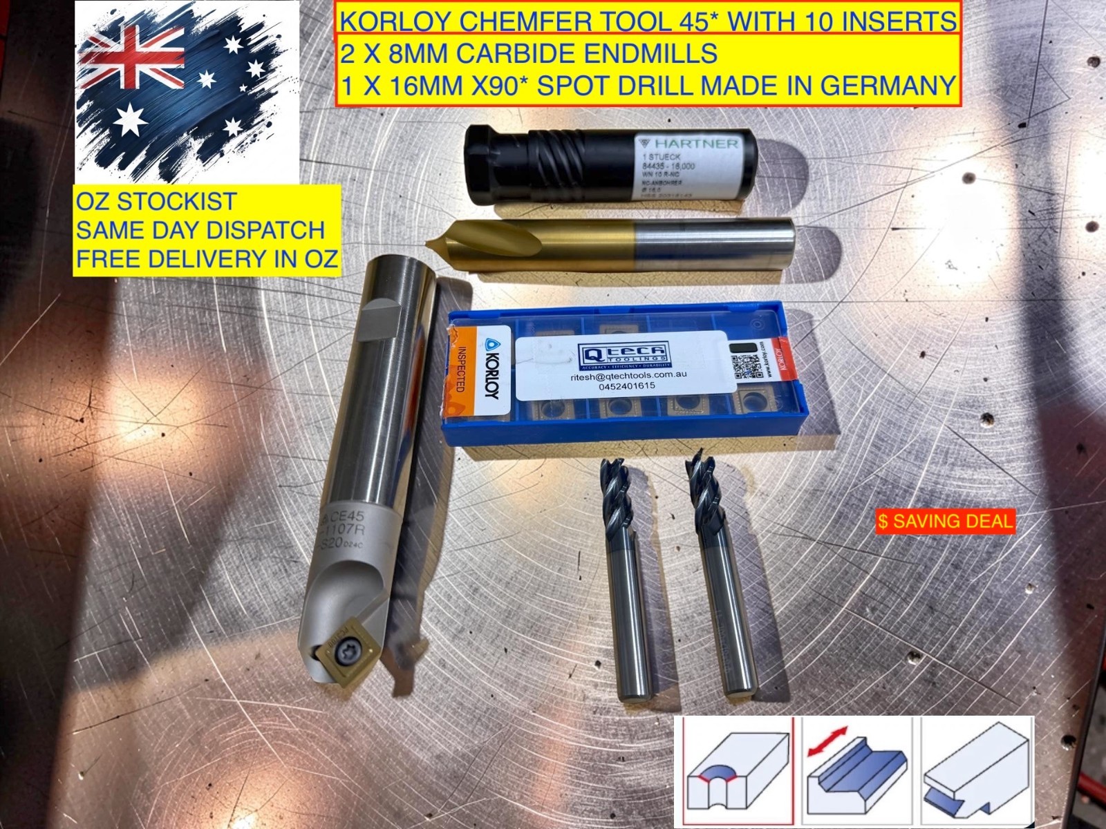 CHAMFER TOOL 45* BUNDLE 10 INSERTS, SPOT DRILL , CARBIDE ENDMILLS KIT $ SAVER