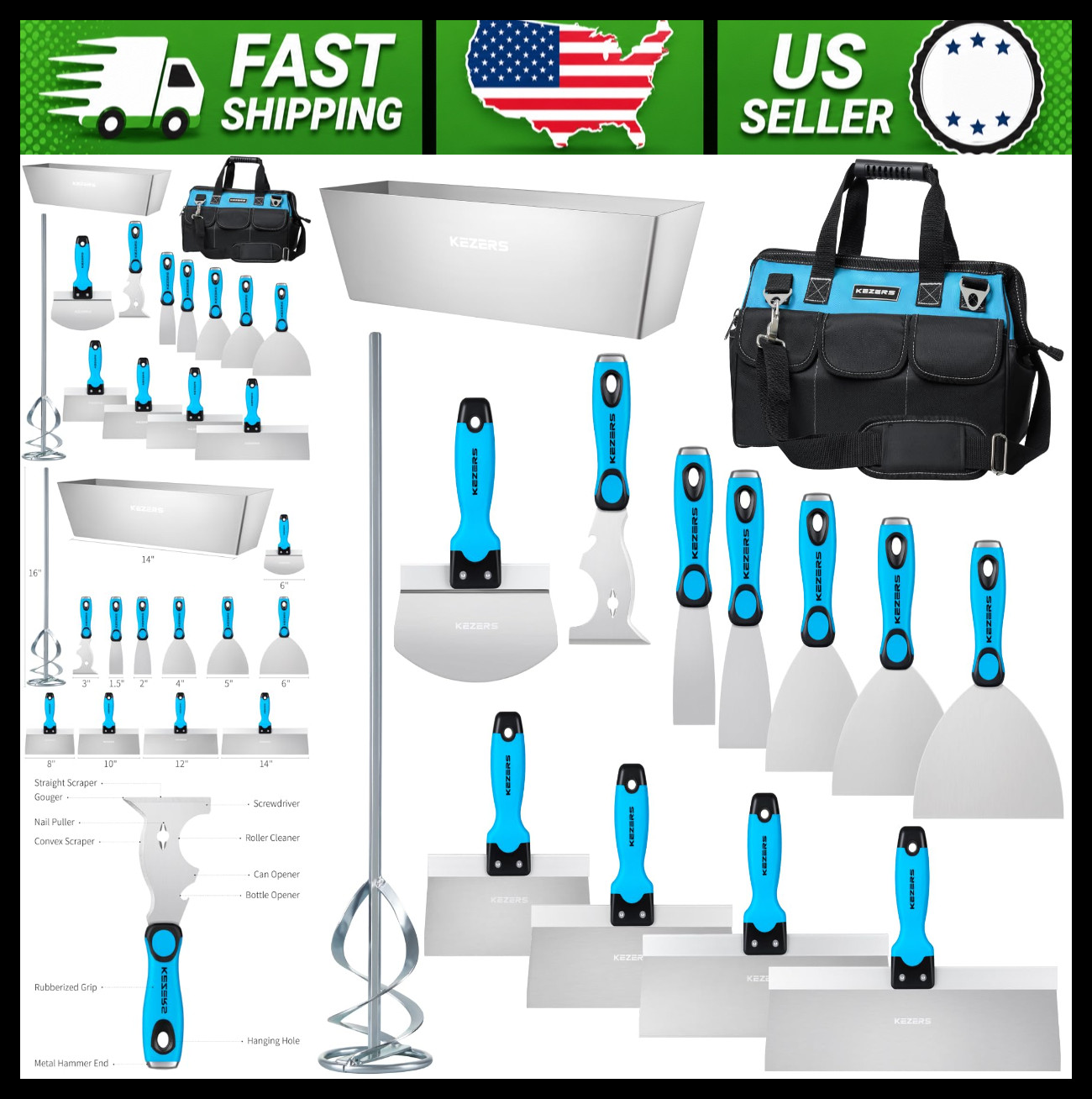 Drywall Hand Tool Kit 14 Pc Putty Knives Taping Knives Mud Pan Tool Bag
