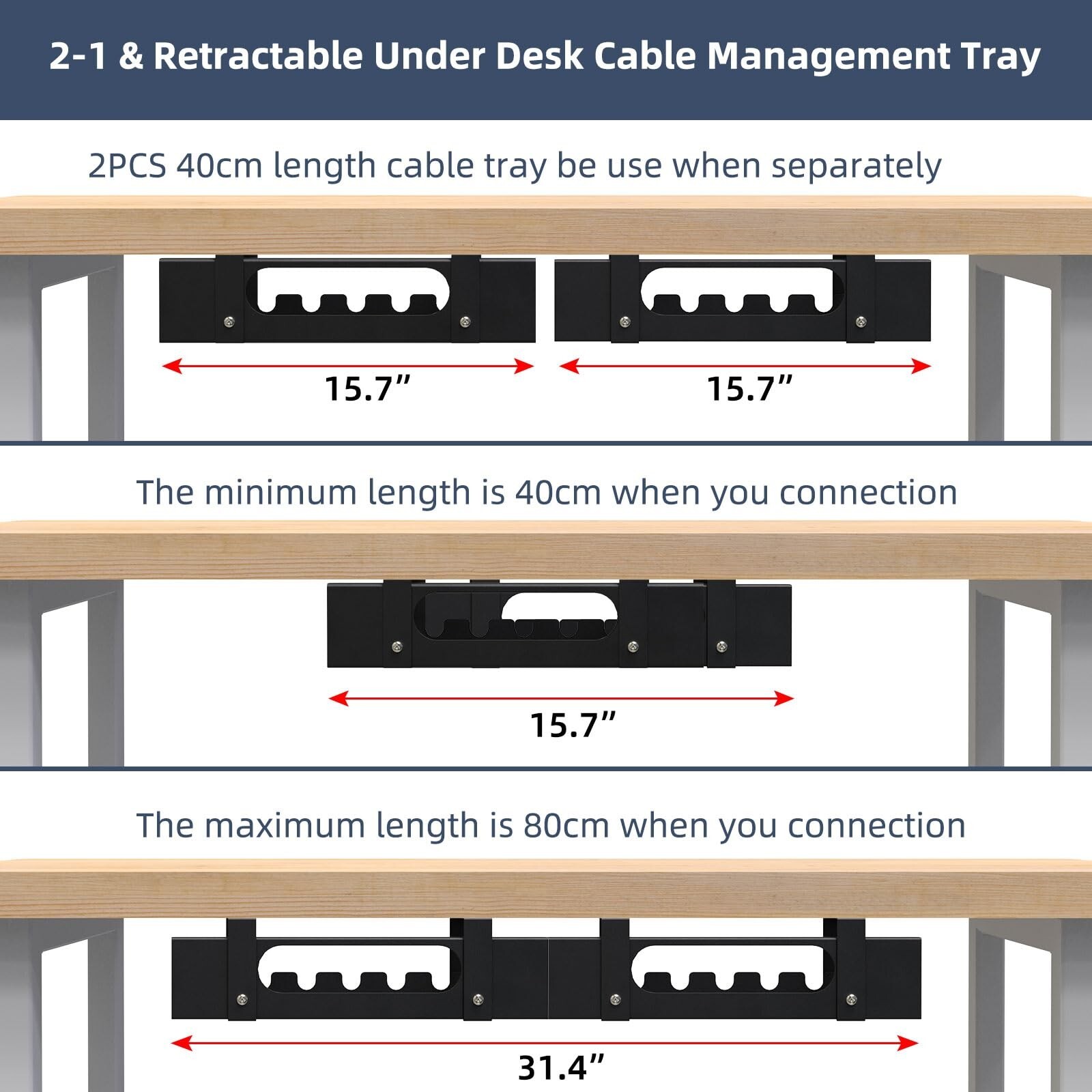 2 Pack Cable Management Under Desk Tray,Adjustable Length(15.7”-31.4”