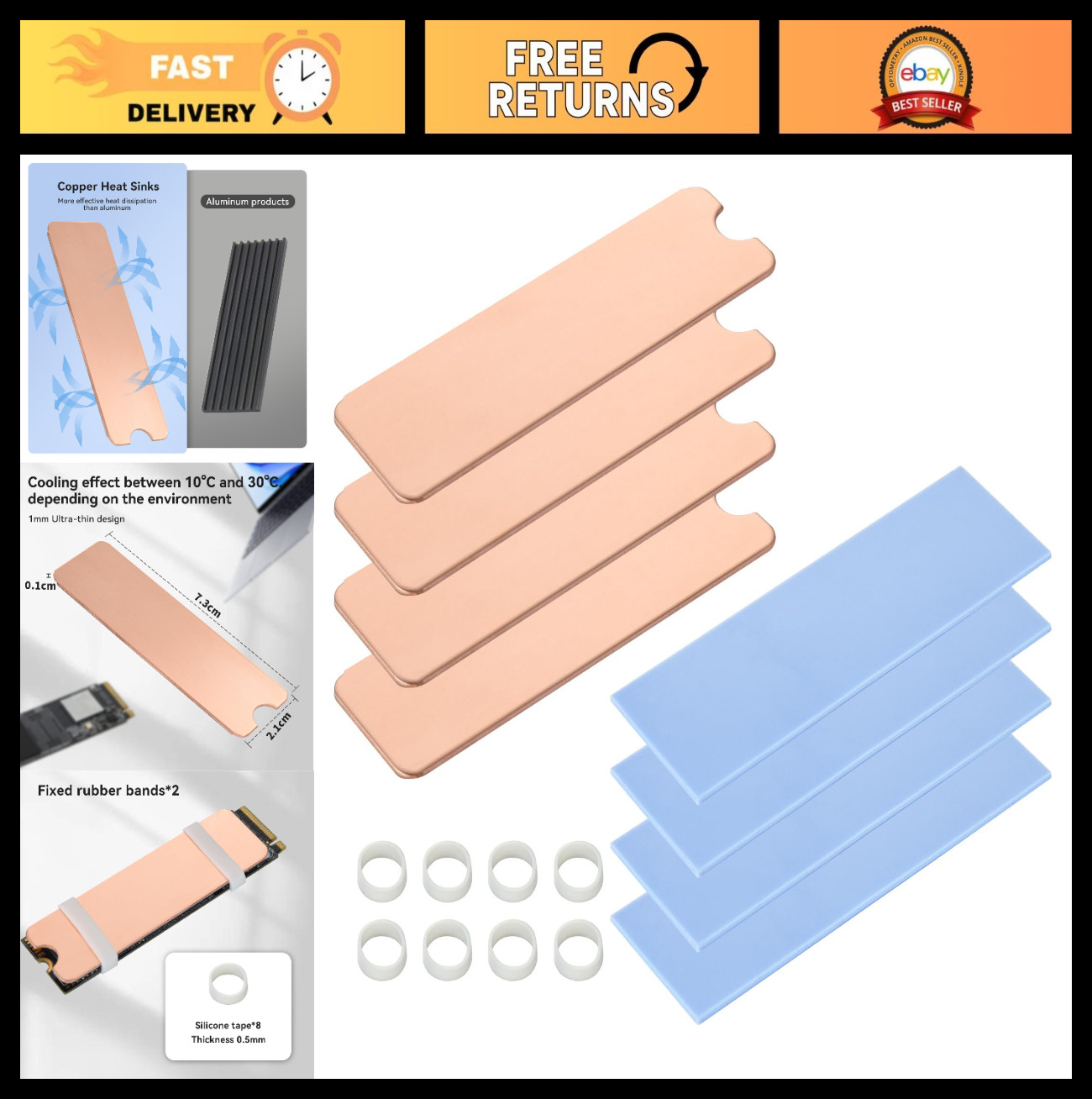 M.2 SSD Heatsink Copper 4PCS 2280 NVMe Heat Sink with Thermal Pad & Straps for P