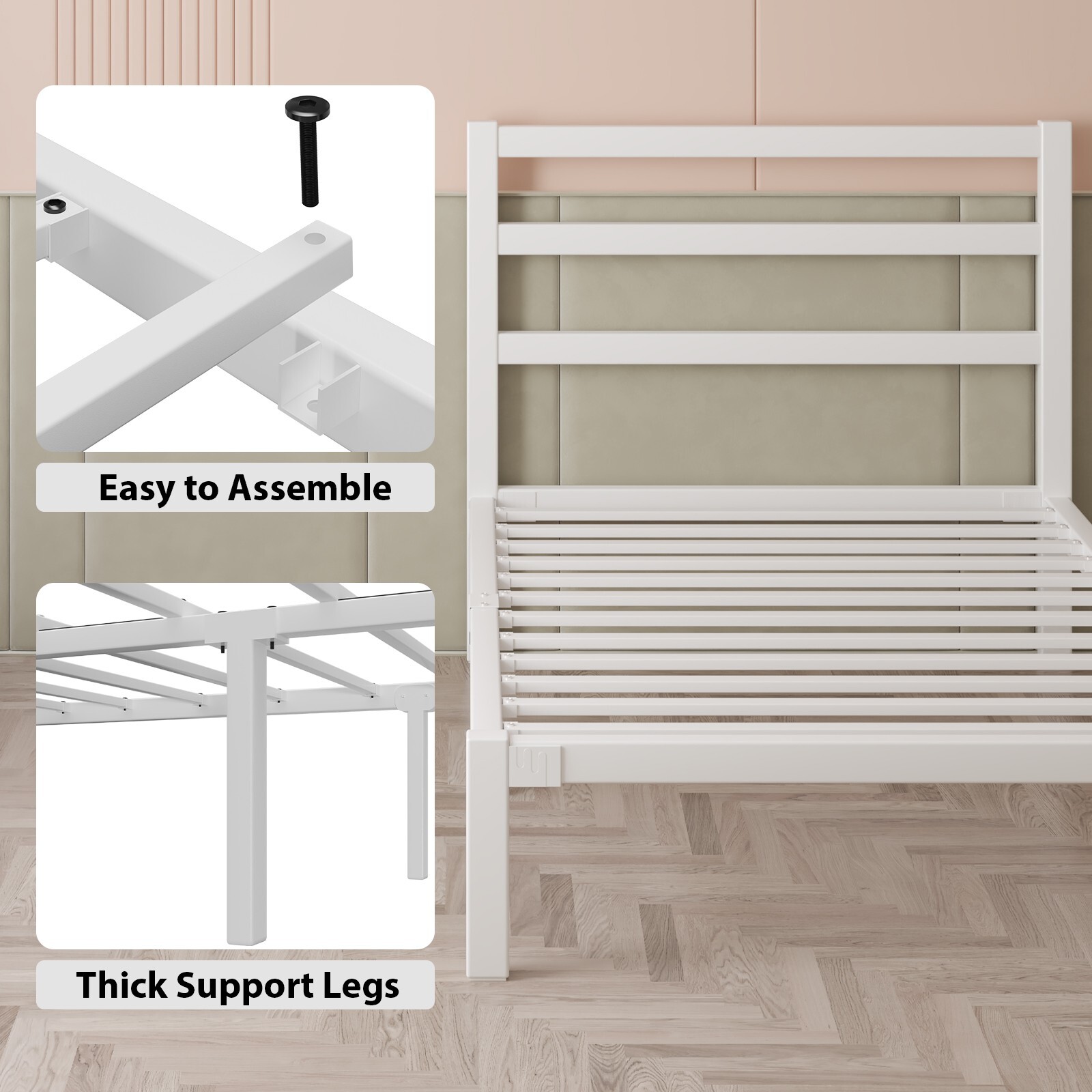 Twin Size Bed Frame with Headboard Strong Metal Slats Support