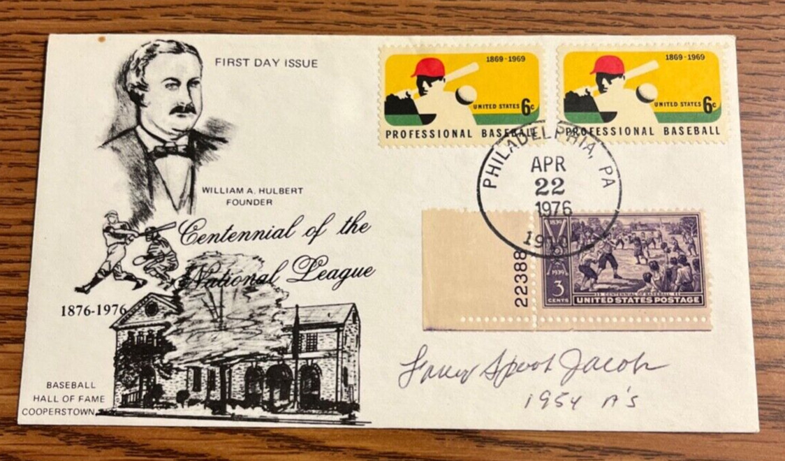 1976 Baseball Centennial FDC Signed by Forrest Spook Jacobs (1954 Athletics)