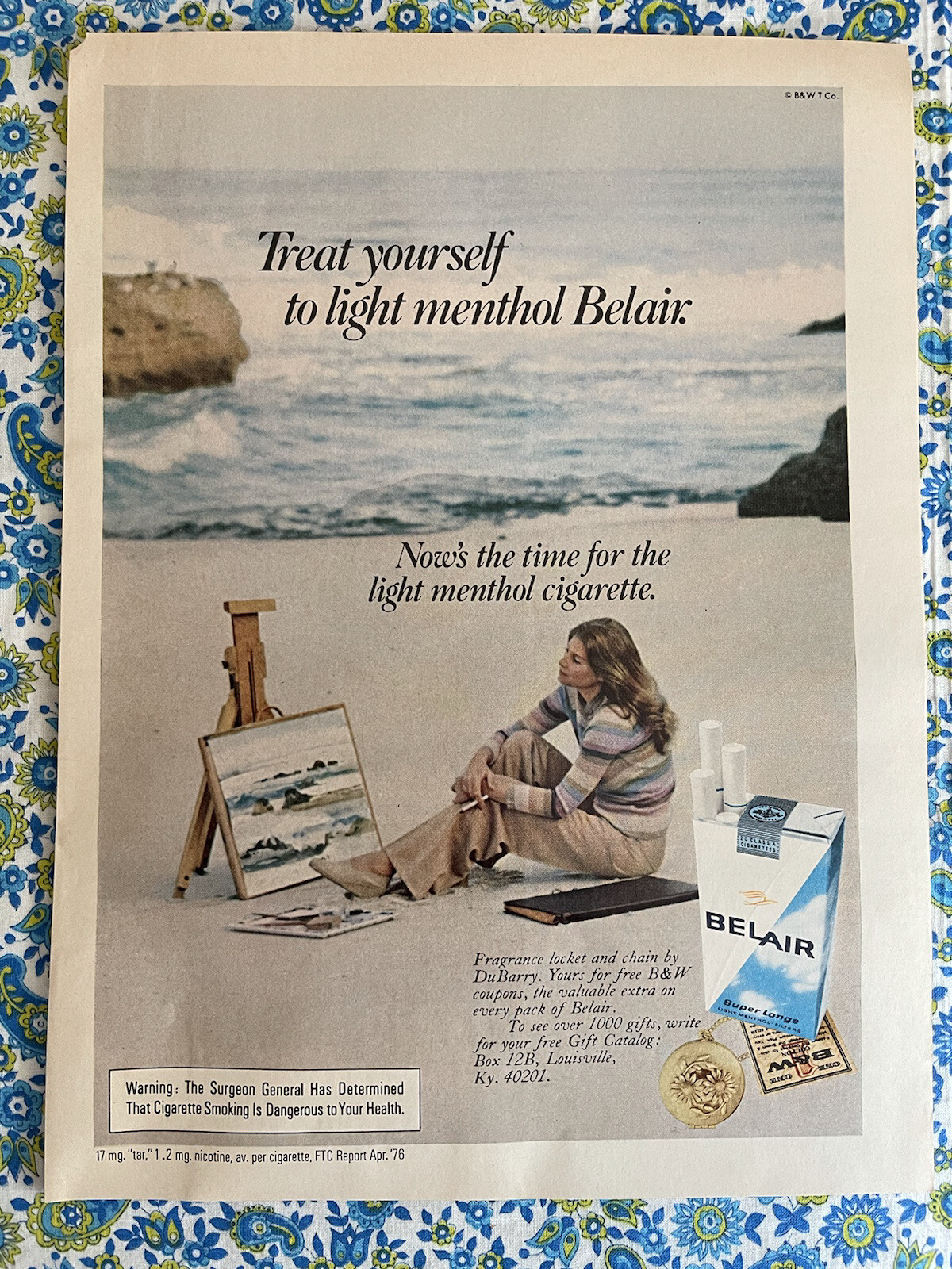 Vintage 1976 Belair Cigarettes Print Ad Woman Painting On The Beach