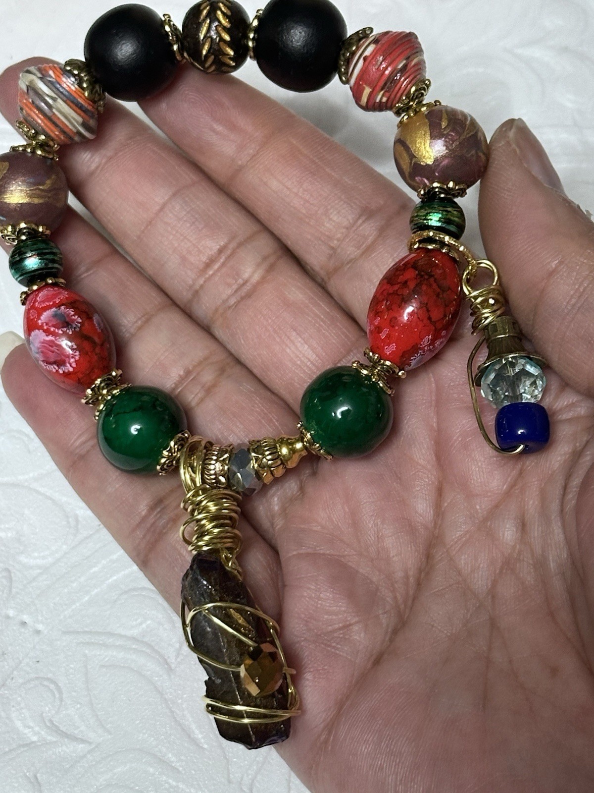 Artisan Charm Bracelet Quartz and Hand Painted  And Glass Beads OOAK 0778 G