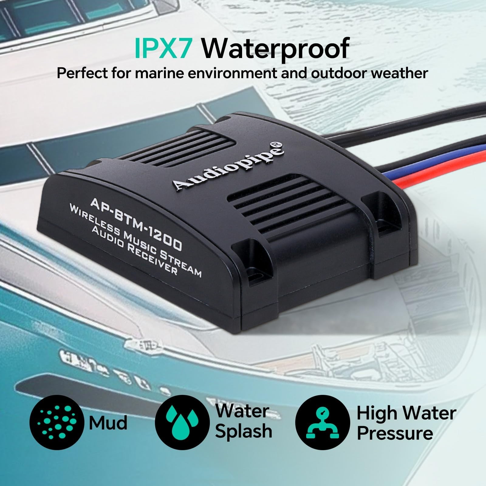 Wireless Marine Audio Receiver, Bluetooth 5.0 Adapter, RCA Outputs for ATV, UTV,