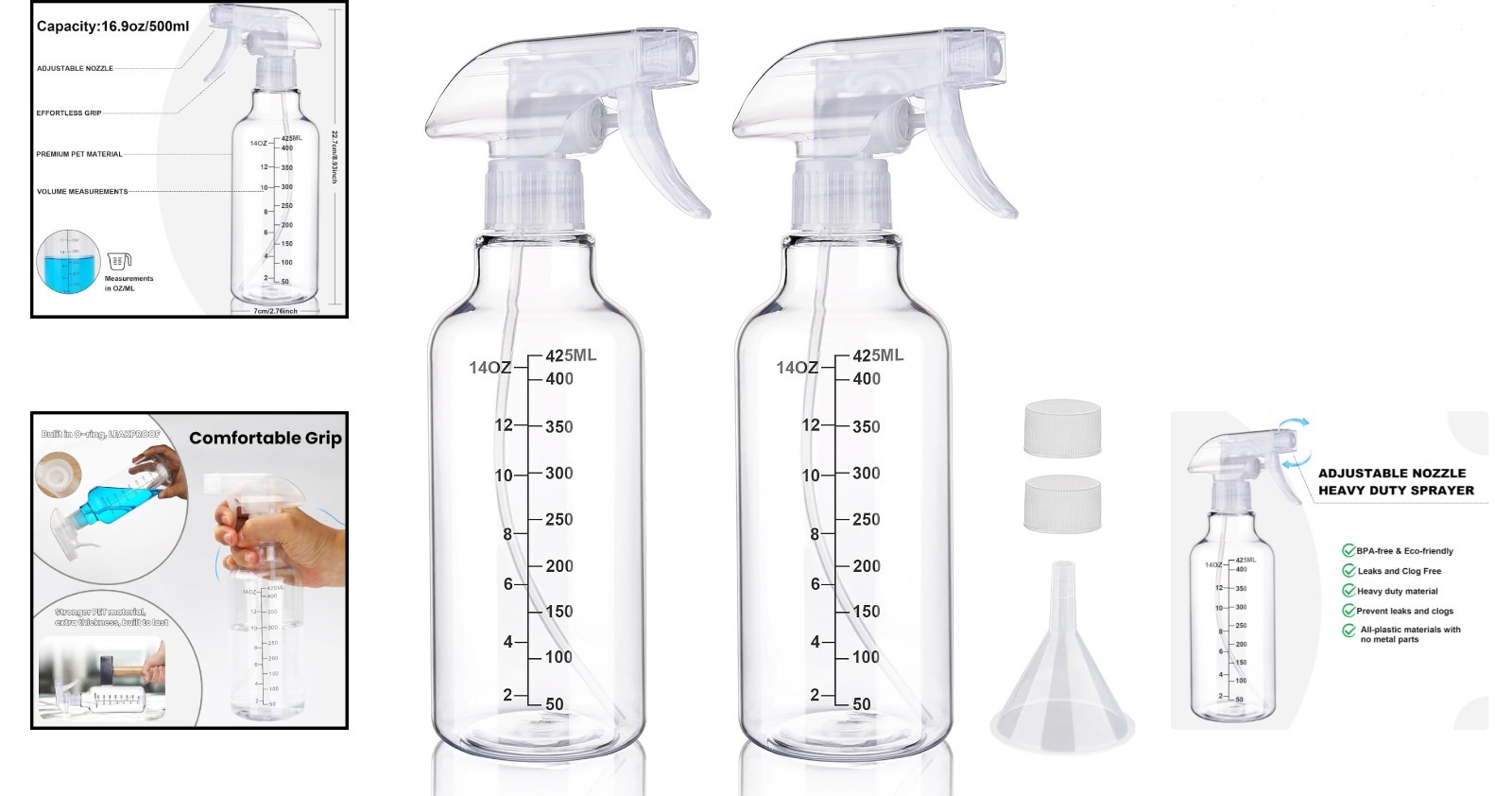 Lightweight and Versatile 16.9oz Spray Bottles - Includes 2 Reusable Containers