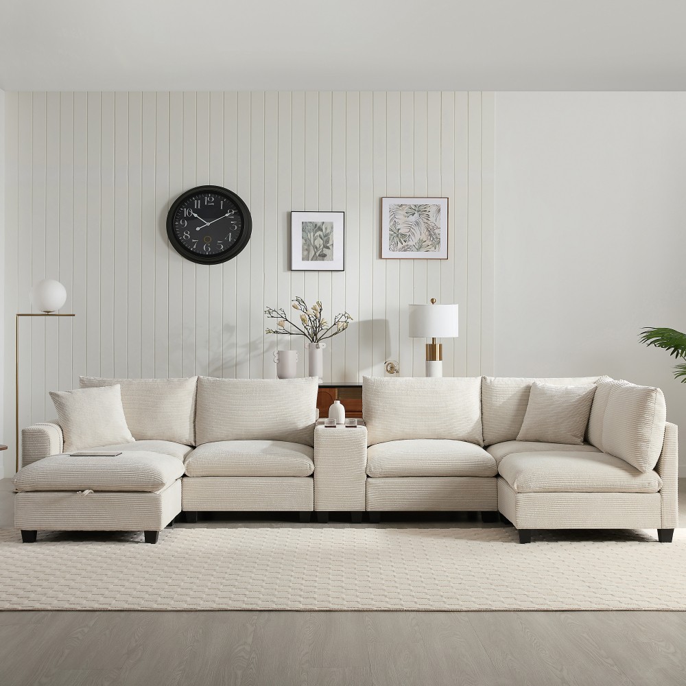 139'' U-shaped Modular Sectional Sofa with Console, L-Shaped Corduroy Couch