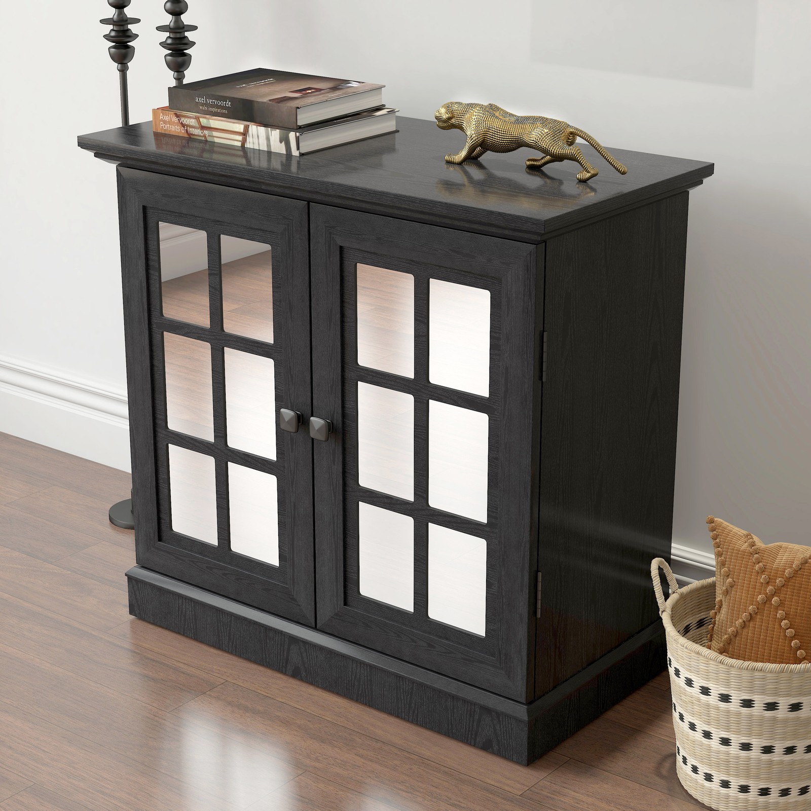 Storage sideboard cabinet with 2 decorative acrylic mirrored doors, adjustable