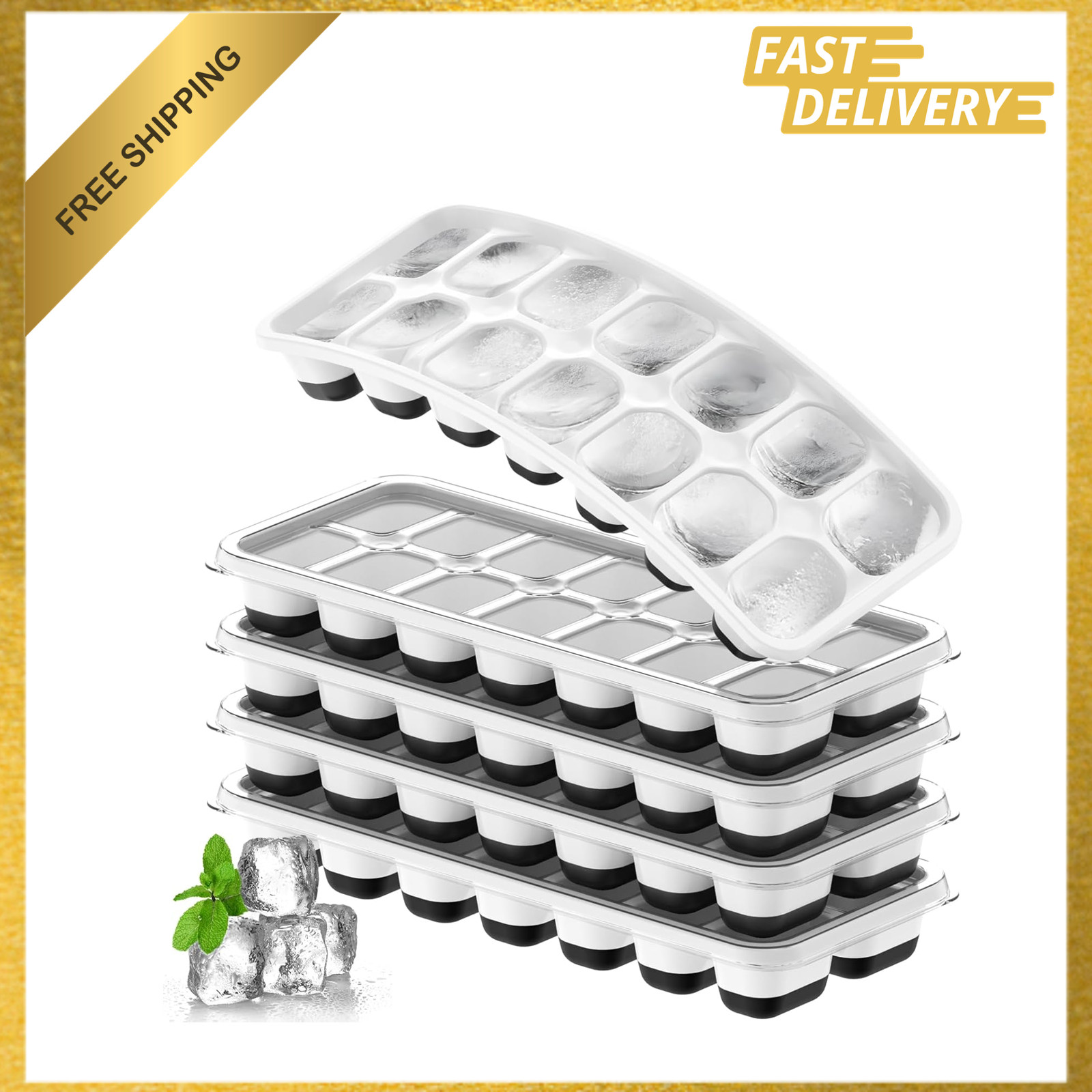 Ice Cube Tray 5 Pack Silicone with Lids, Reusable BPA-Free Rectangular Mold for