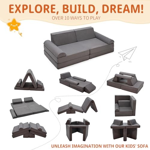 8pcs Modular Kids Couch, Toddler Play Sofa for Playroom Bedroom, Grey-8pcs