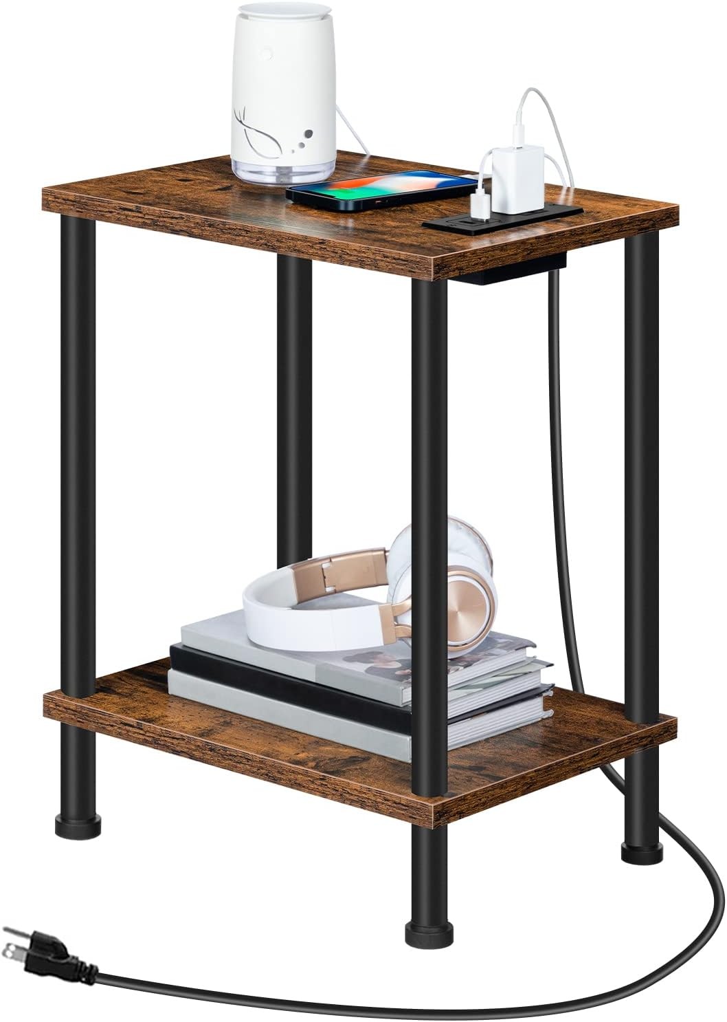 HOOBRO Side Table with Charging Station, End Rustic Brown + Black