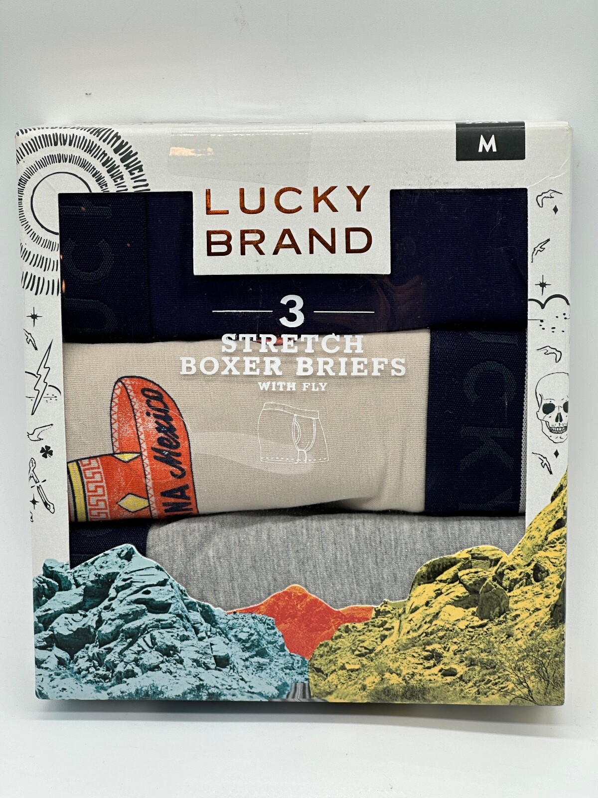 3 PACK MENS LUCKY BRAND STRETCH BOXER BRIEF WITH FLY TIJUANA SOMBRERO PRINT
