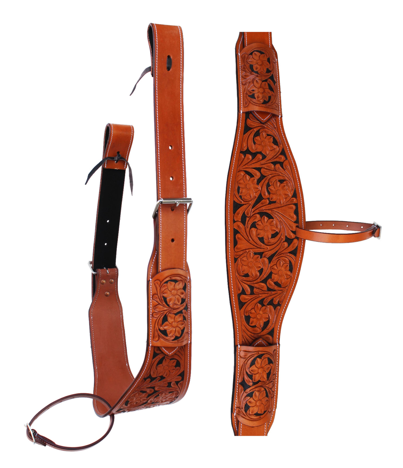 Horse Western Floral Tooled Leather Rear Flank Saddle Cinch Billets