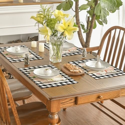 Buffalo Plaid Bunny Ear Foot Flower Easter 12" x 18", Rectangular 4 Pcs Black