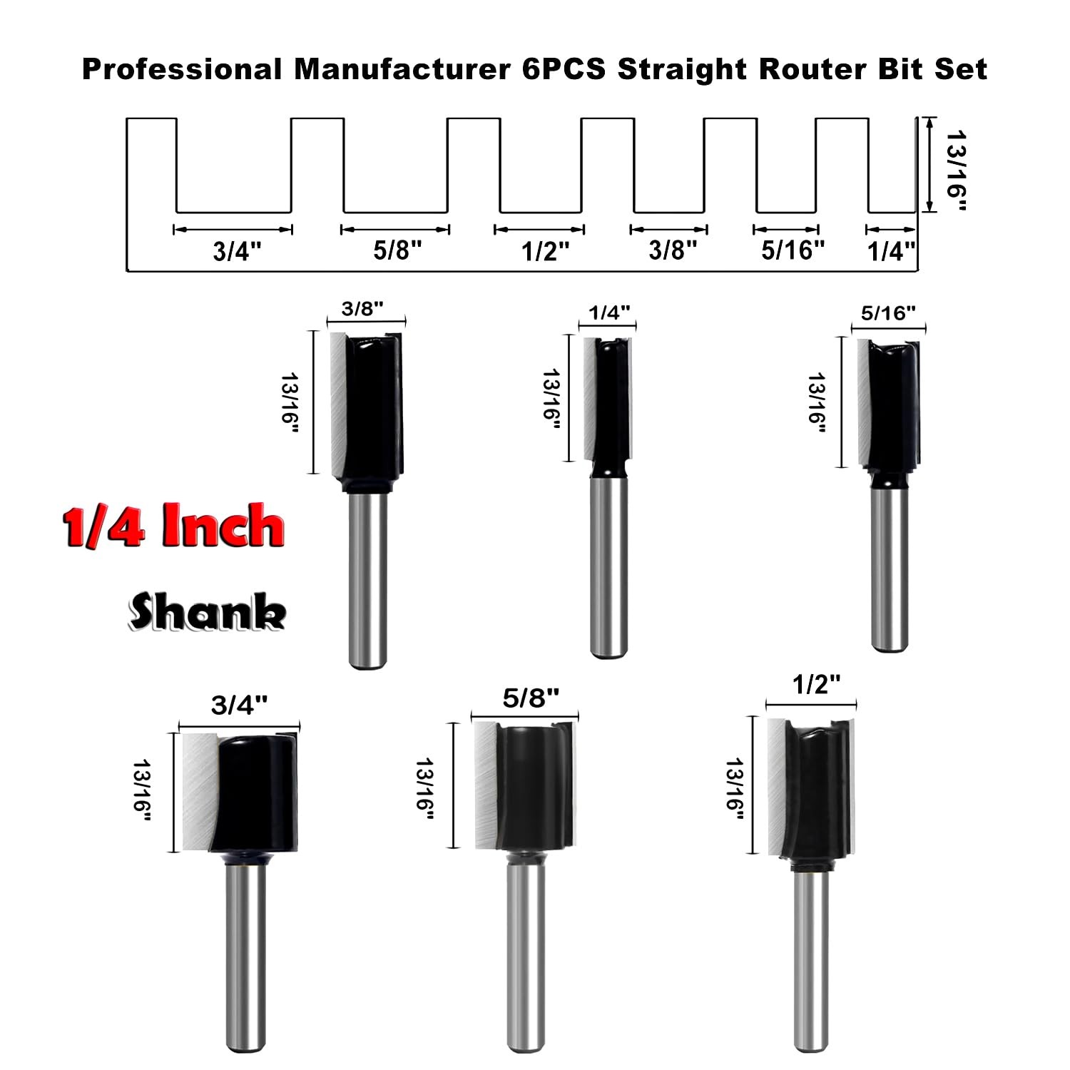 6Pcs Straight Router Bit Set 1/4 Shank, Double 6pcs straight bit shank