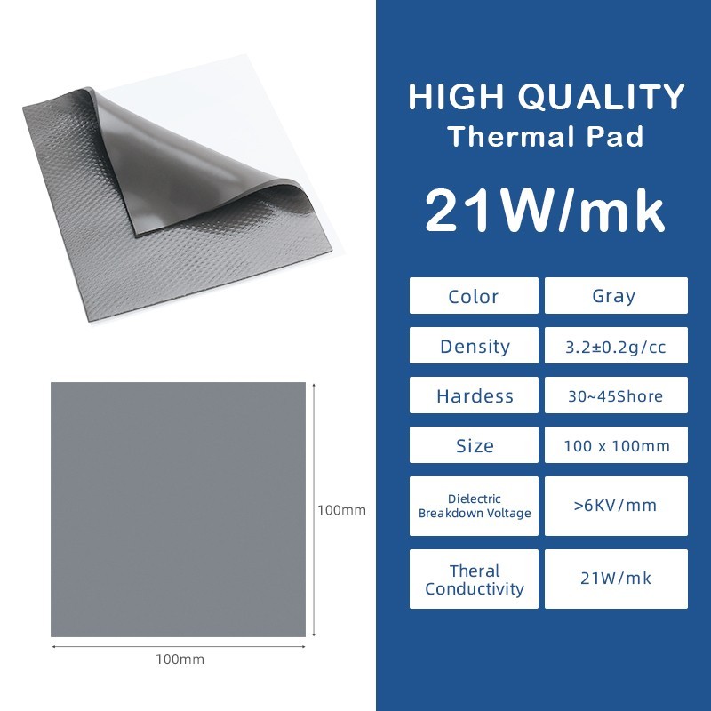 21W/mK Thermal Pad Silicone CPU GPU SSD Heatsink Cooling Pad 100x100mm Grey