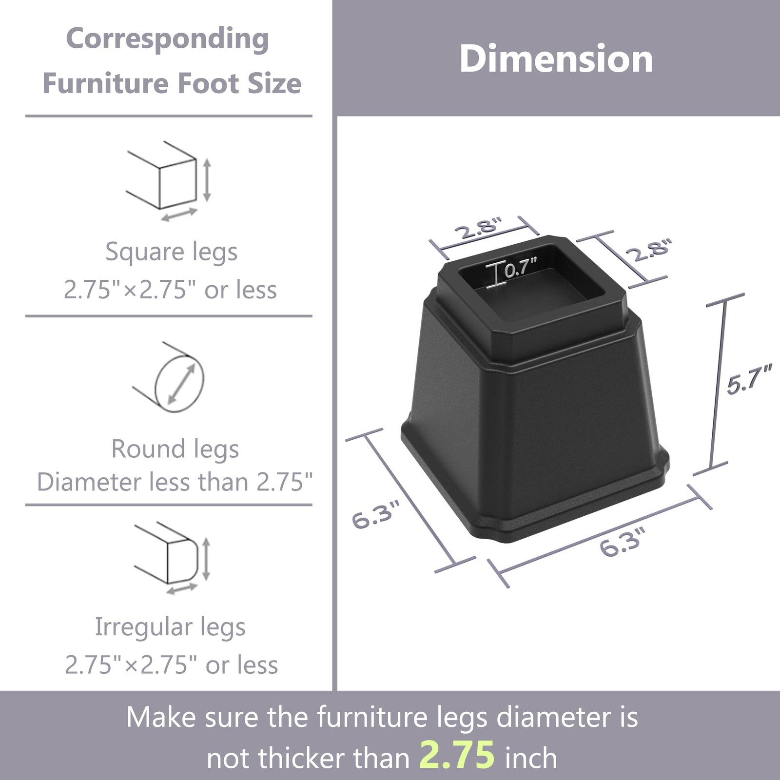 Bed Risers 5 Inch Heavy Duty Furniture Elevators Sofa Table Black 4 Pack