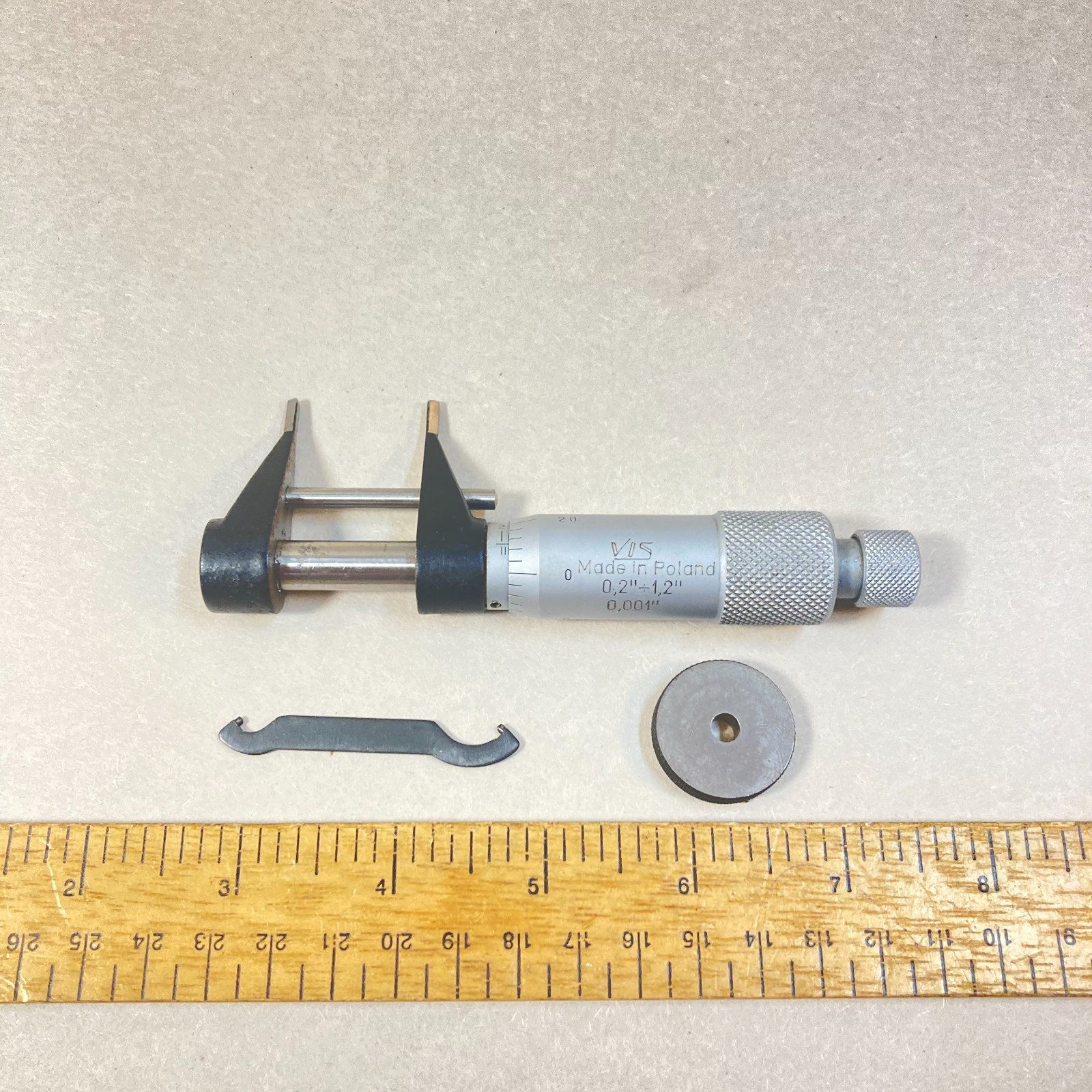 Vintage VIS Micrometer Triangle Blade 0.2-1.2" .001" w/ Standard & Wrench Poland