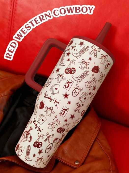 Hydrojug 40oz Red Western Cowboy Insulated Tumbler with Handle & Straw - NEW