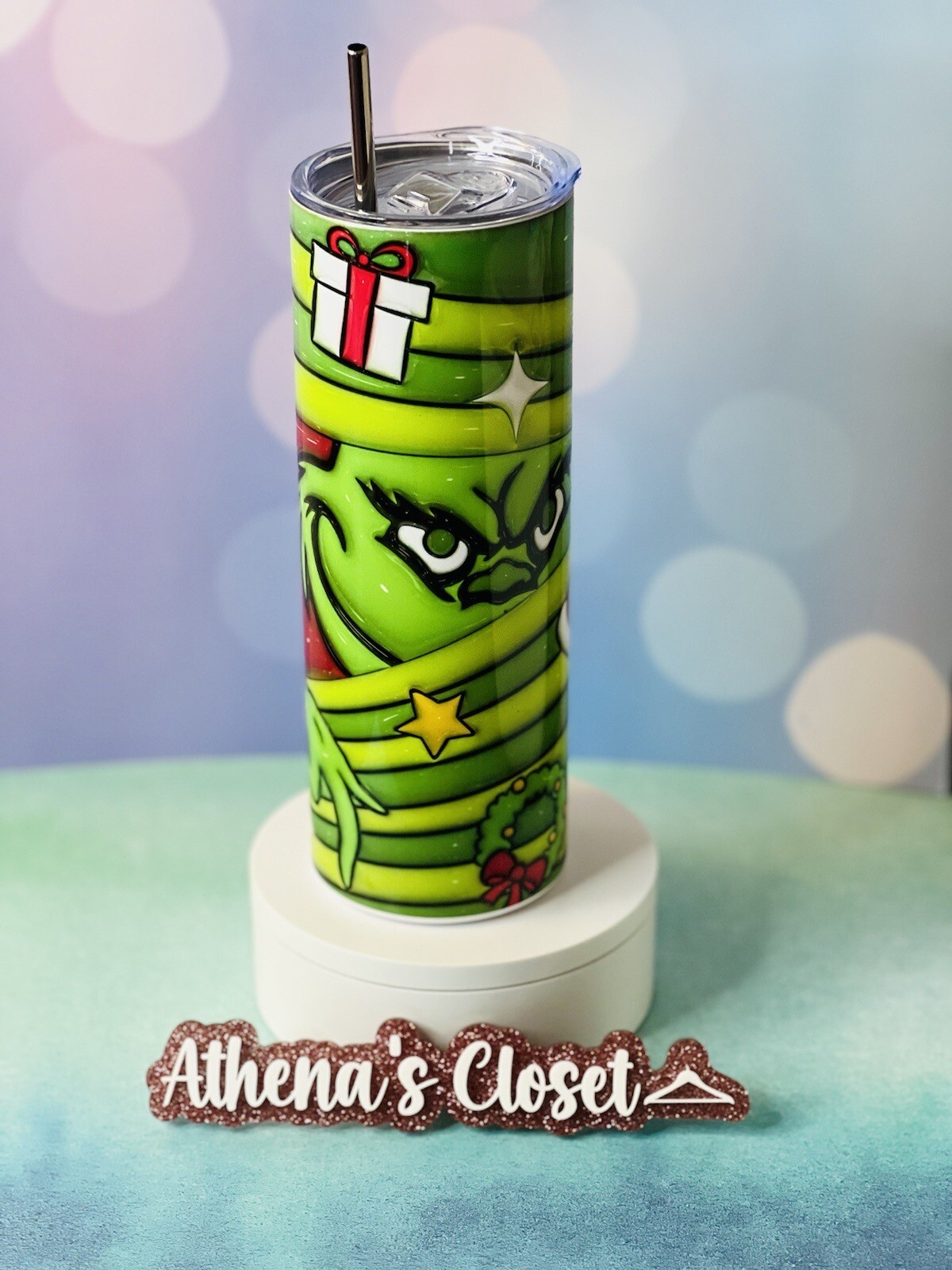 Stich Christmas 20oz Skinny Tumbler With Metal Straw and rubber bottom
