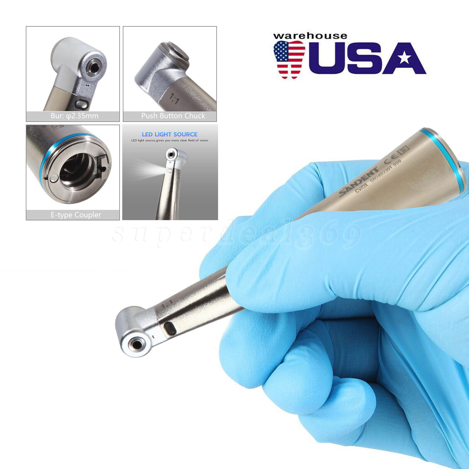 NSK Style Dental Fiber Optic LED 1:1 Contra Angle Low Speed Handpiece E type ST