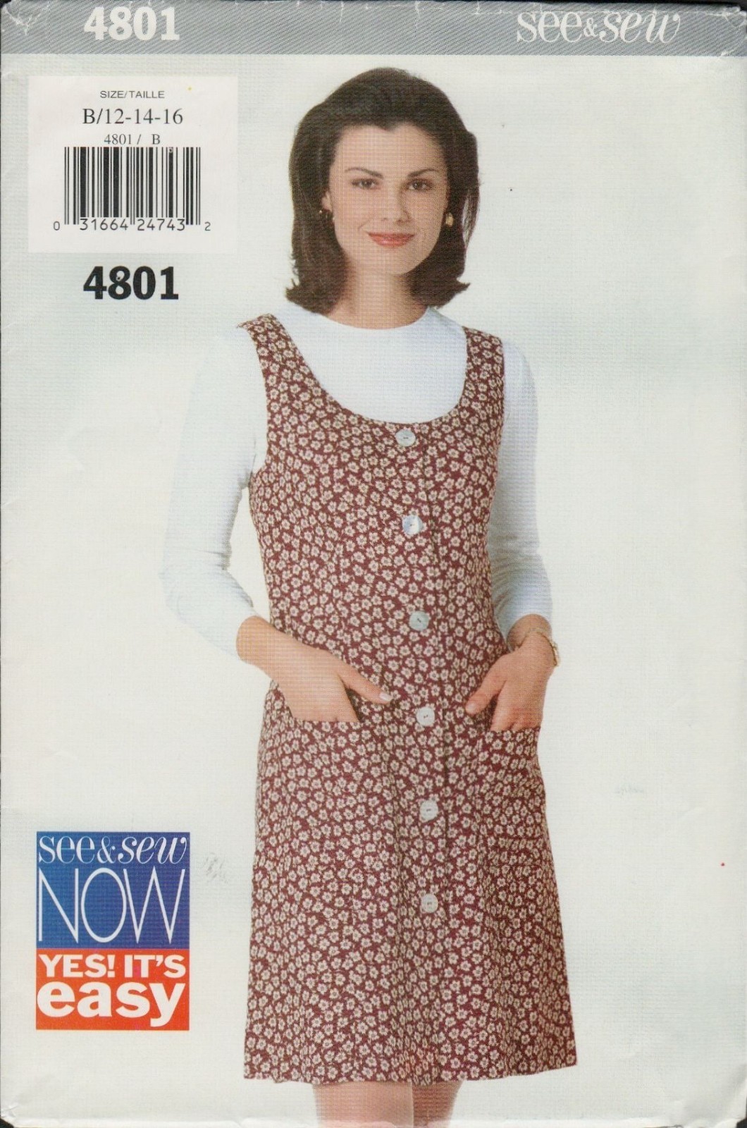 Butterick See & Sew 4801 Button Front Jumper Dress Pattern Misses Sz 12-16 Uncut