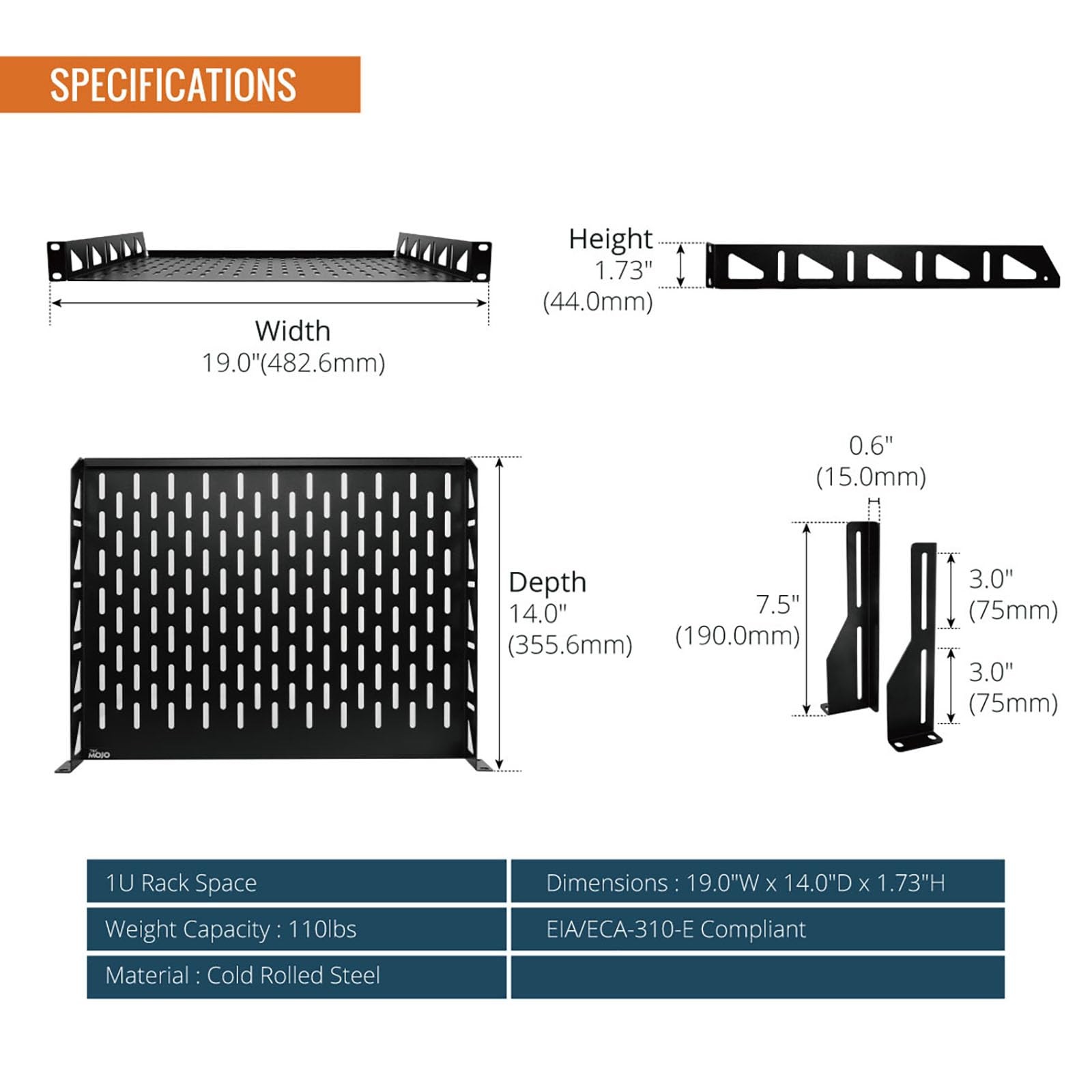 Tecmojo 1U Rack Shelf,19 inch Shelf 14 Depth,Rack 14 in/2pack,