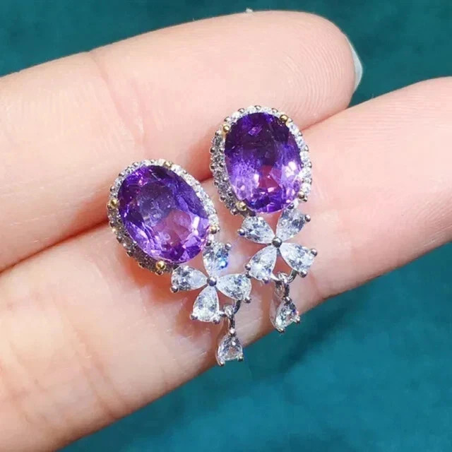 Art Deco Style Lab Created Diamond & Amethyst Wedding 14K White Gold FN Earrings