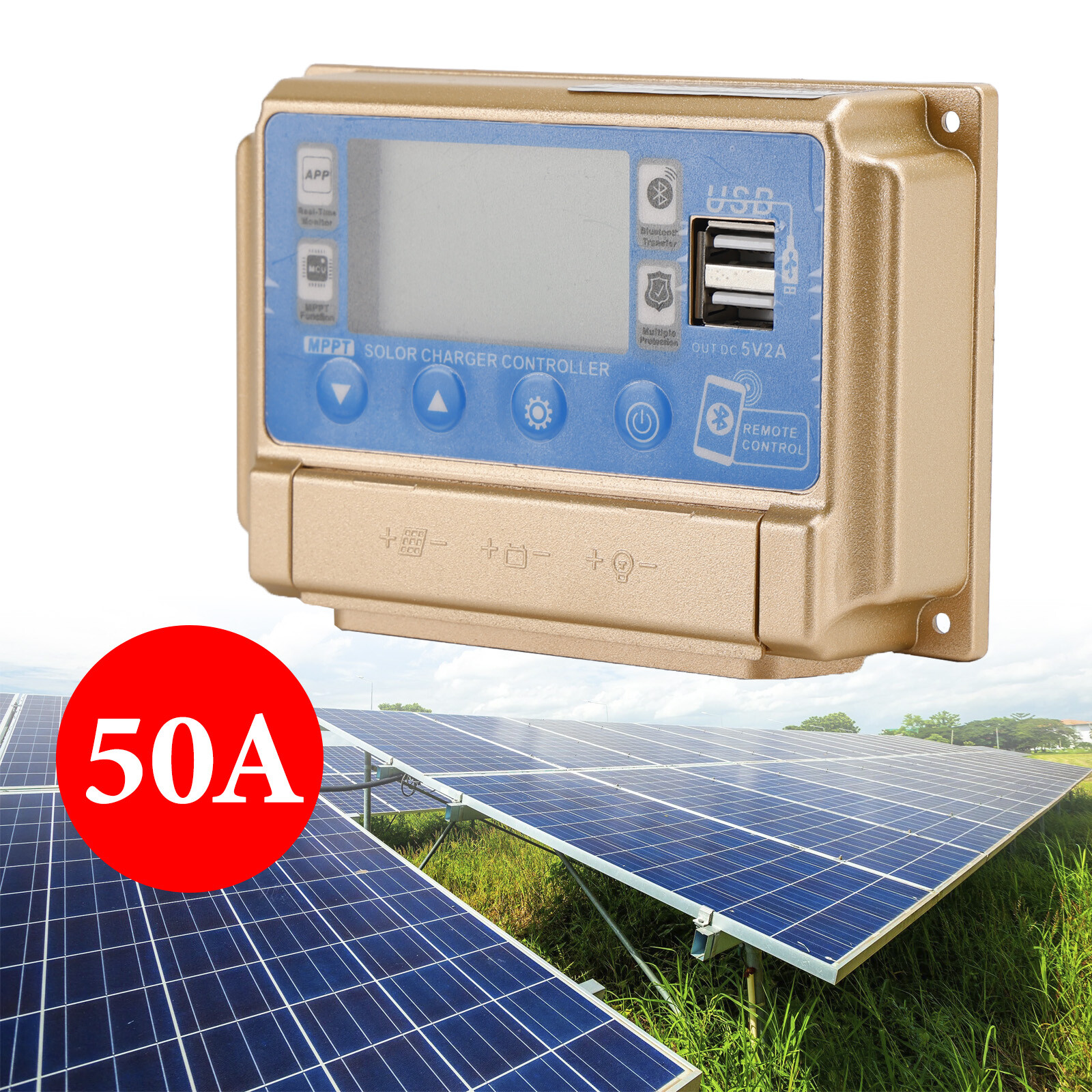 50A MPPT APP Solar Charge Controller Charger Fits 12V/24V LiFePO4 Battery Gold,
