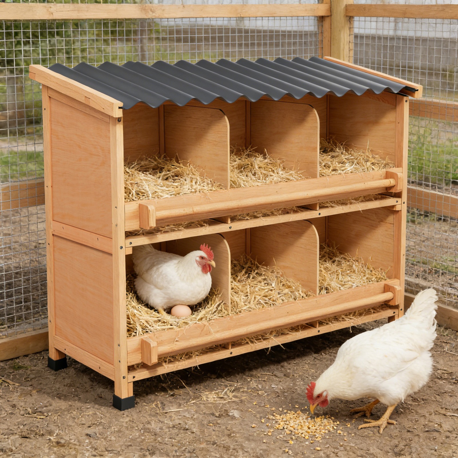 6 Hole Wooden Nesting Box with Perch，Chicken Egg Laying Box for Coop，Easy Clean