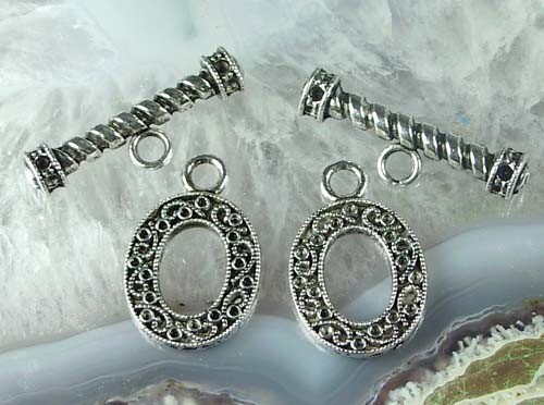 2 pair Large Ornate Antique Silver Pewter Oval Toggle