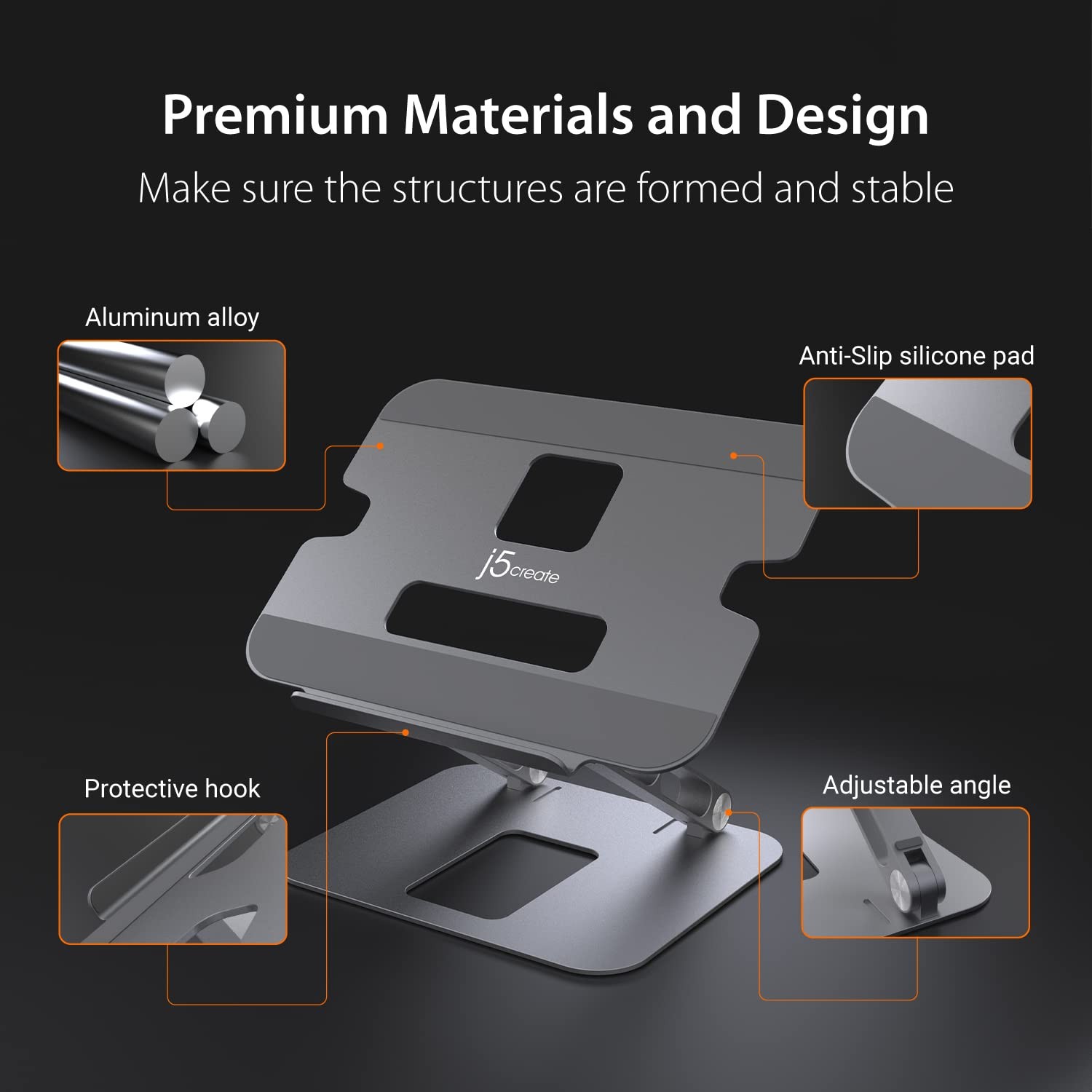j5create Multi-Angle Aluminum Laptop Stand, Ergonomic Notebook Riser, Suitable