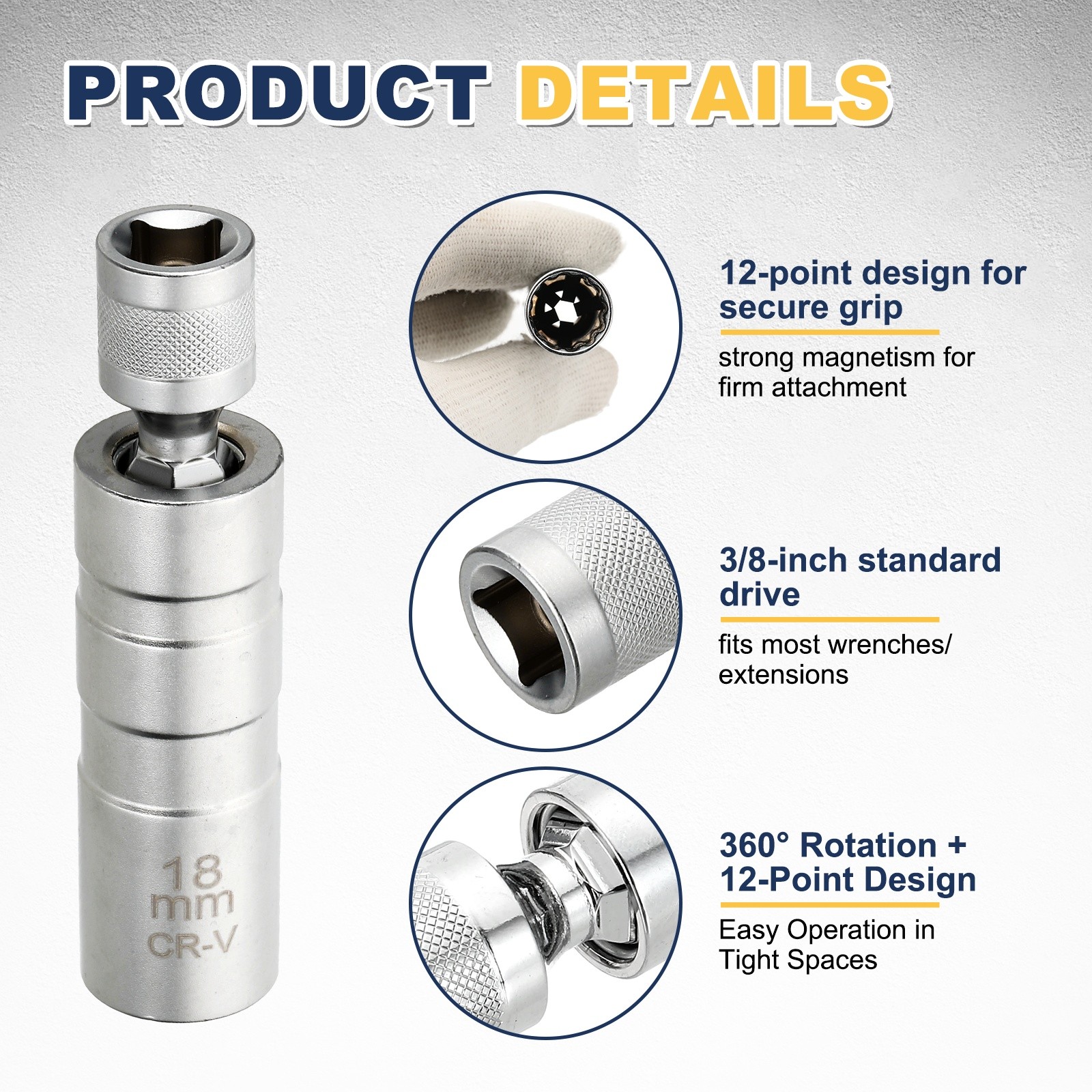 2pcs Spark Plug Socket 3/8" Drive 18mm Swivel Magnetic Thin Wall Silver