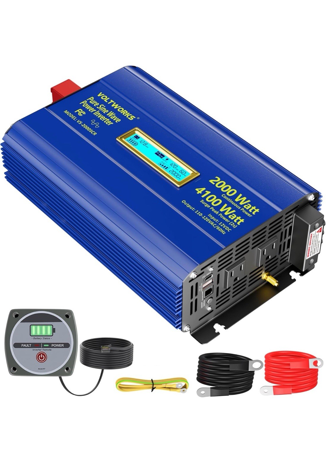 Power Inverter 2000Watt Pure Sine Wave Inverter 12V to 110V 120V AC 4100W Surge