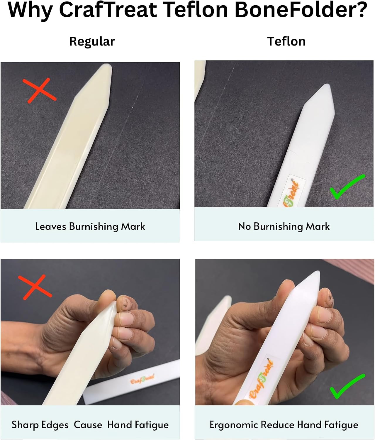 CrafTreat Teflon Bone Folder and Scoring Tool - Large Bone Folder - Paper Scorer