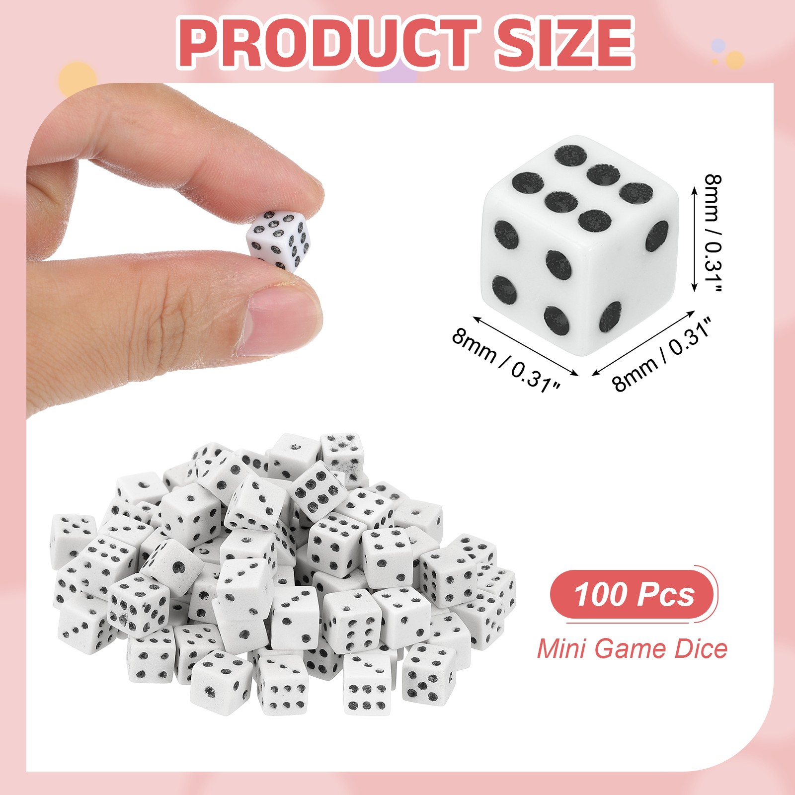 100Pcs Mini Acrylic Polyhedral Dice 8mm 6 Sided Square Corner Dice, White