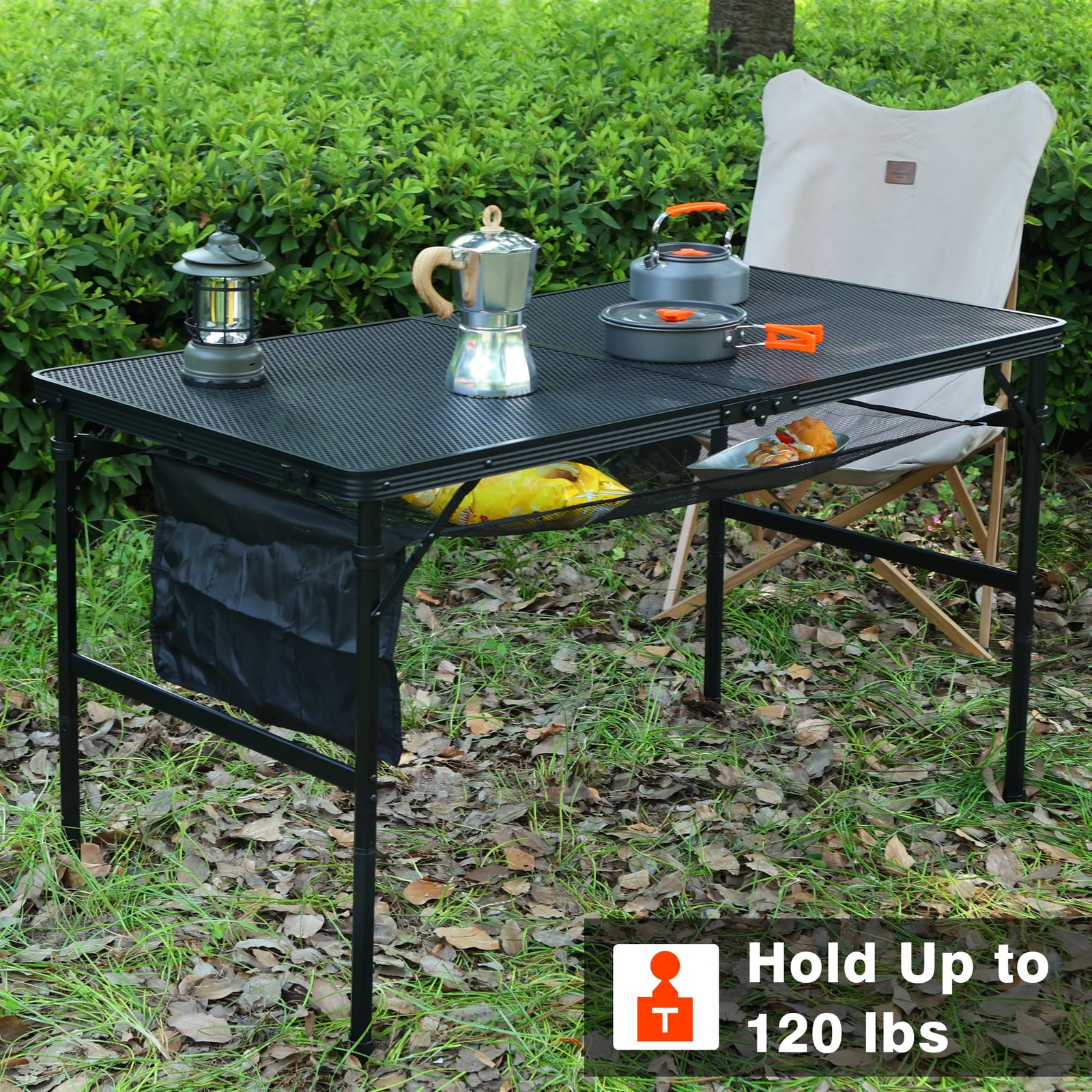 Folding Grill Table, 4x2 FT Portable Camping Table, Lightweight Height Adjust...