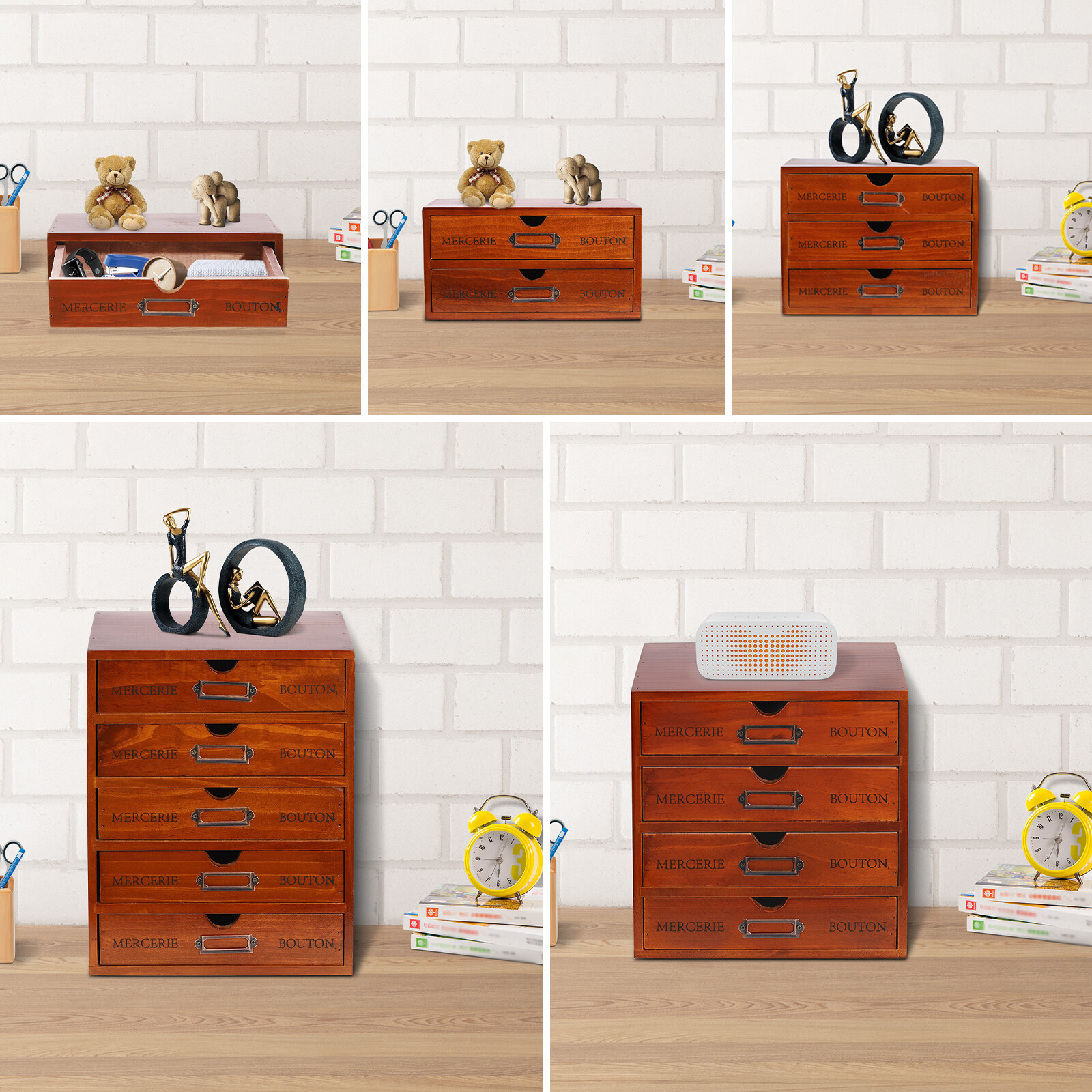 5 Pcs Retro Wooden Desktop Organizer Wooden Storage Drawers for Tabletop (Brown)