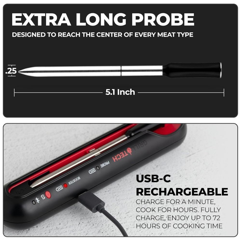 Grill Tech Bluetooth Meat Thermometer – Wireless, USB-C, Smart App