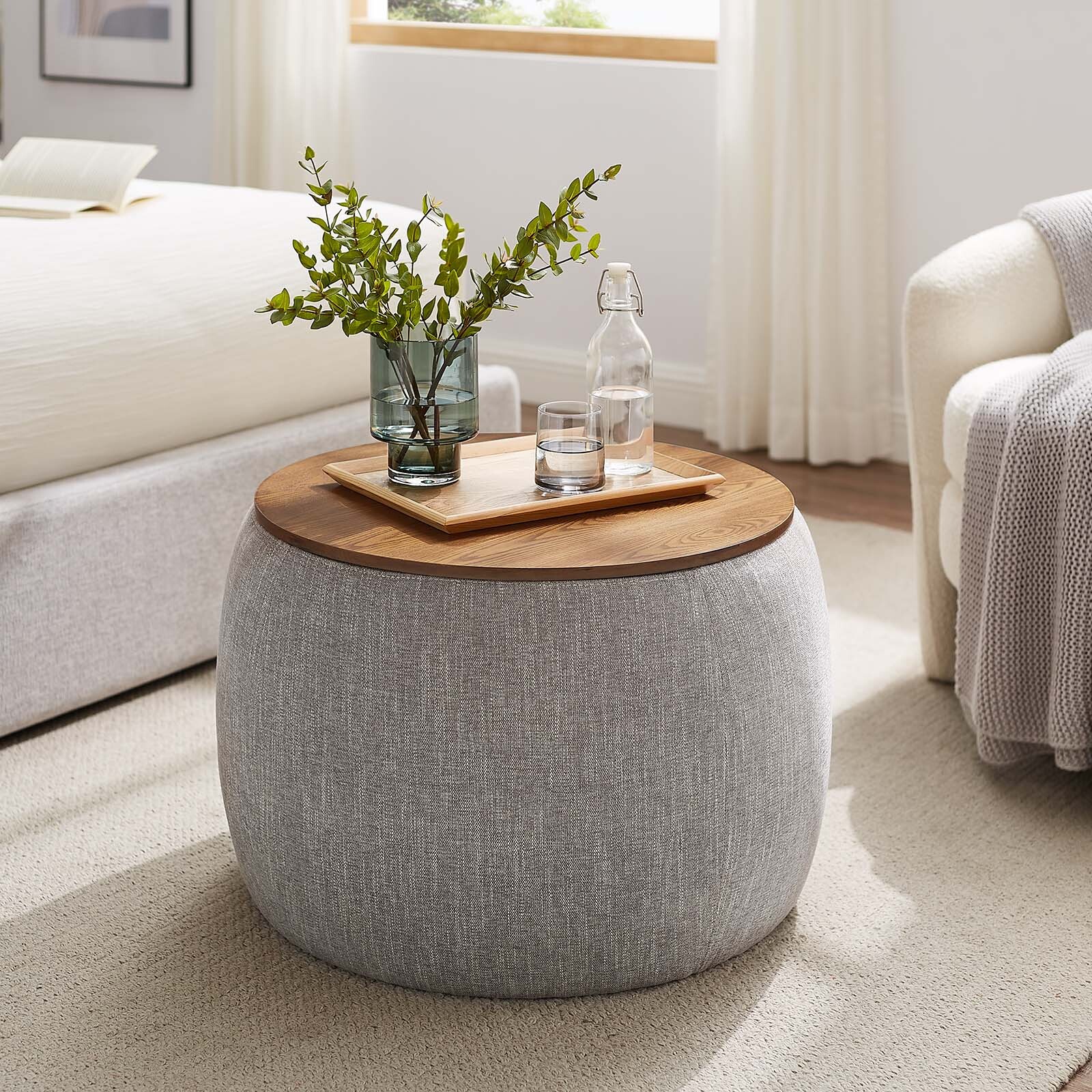 Modway Perla Upholstered Fabric Storage Ottoman in Heathered Weave Wheat