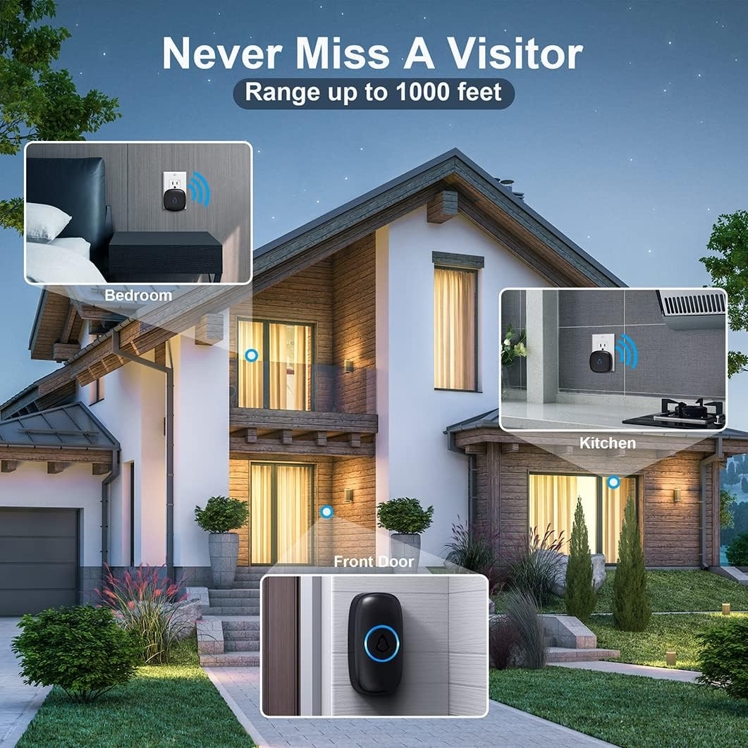 Wireless Doorbell with 2 Receivers 2 Push Buttons, Easy Installation, Adjustable