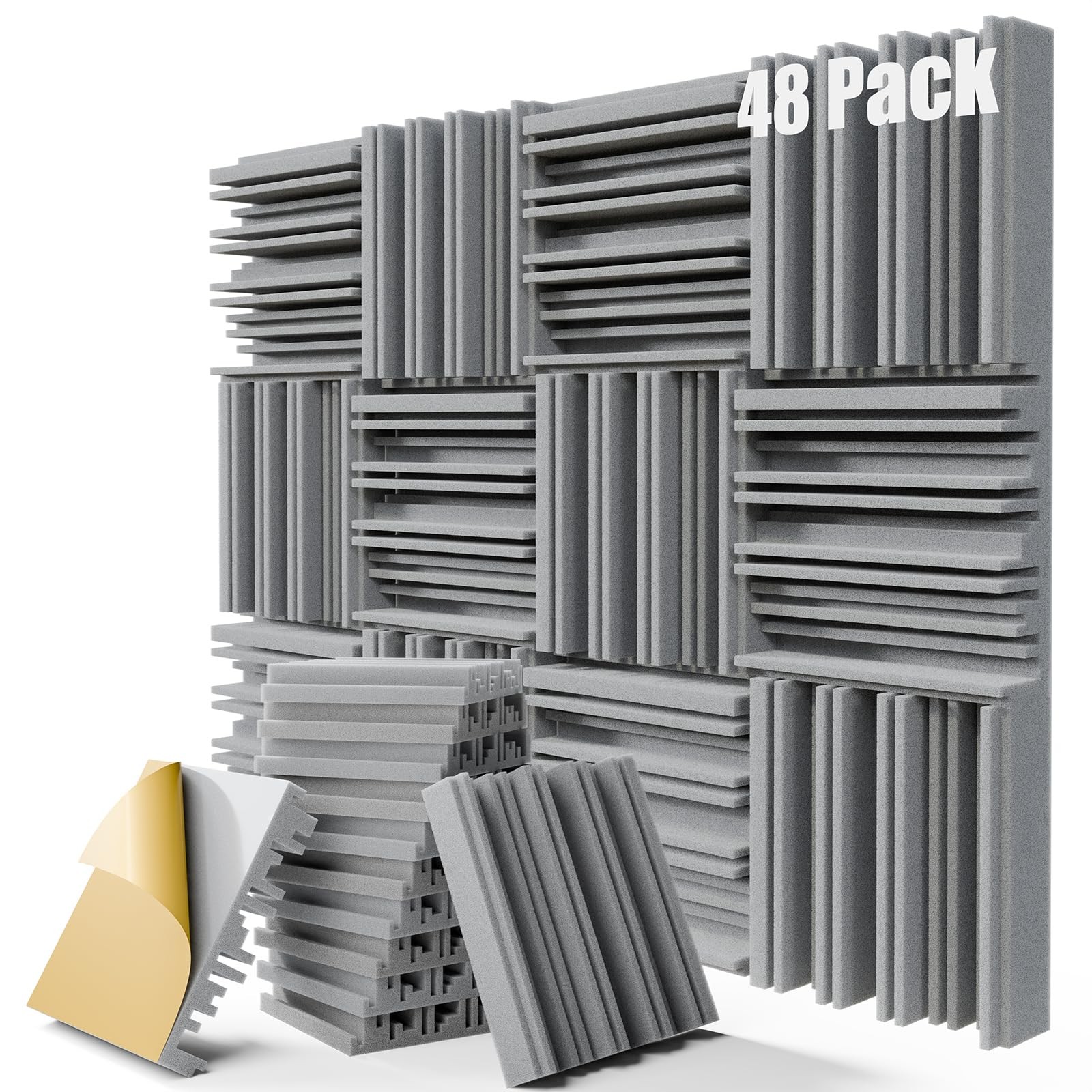 48 Pack Sound Proof Foam Panels, 12" X 12" 2" Self-Adhesive Acoustic