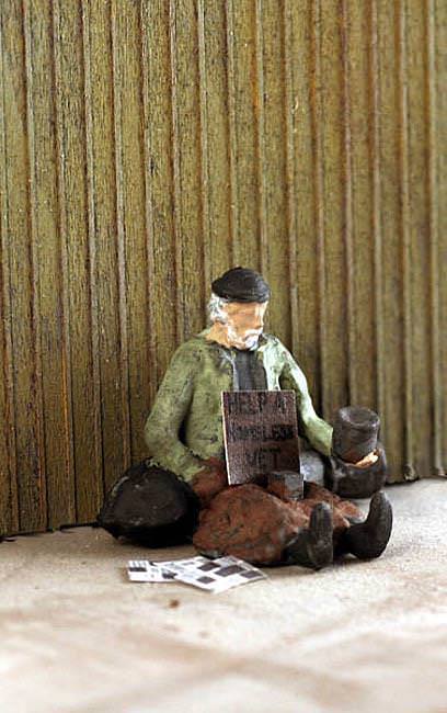 the HOMELESS SideWalk BUM O Scale Figure come Painted for you 1/48 scale