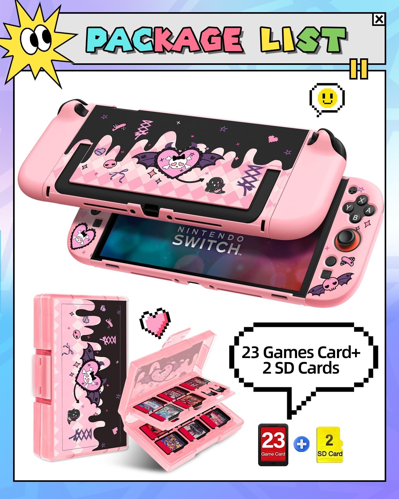 6-in-1 Nintendo Switch Accessories Bundle - Cute Carrying Case, Joy-Con Grips, G
