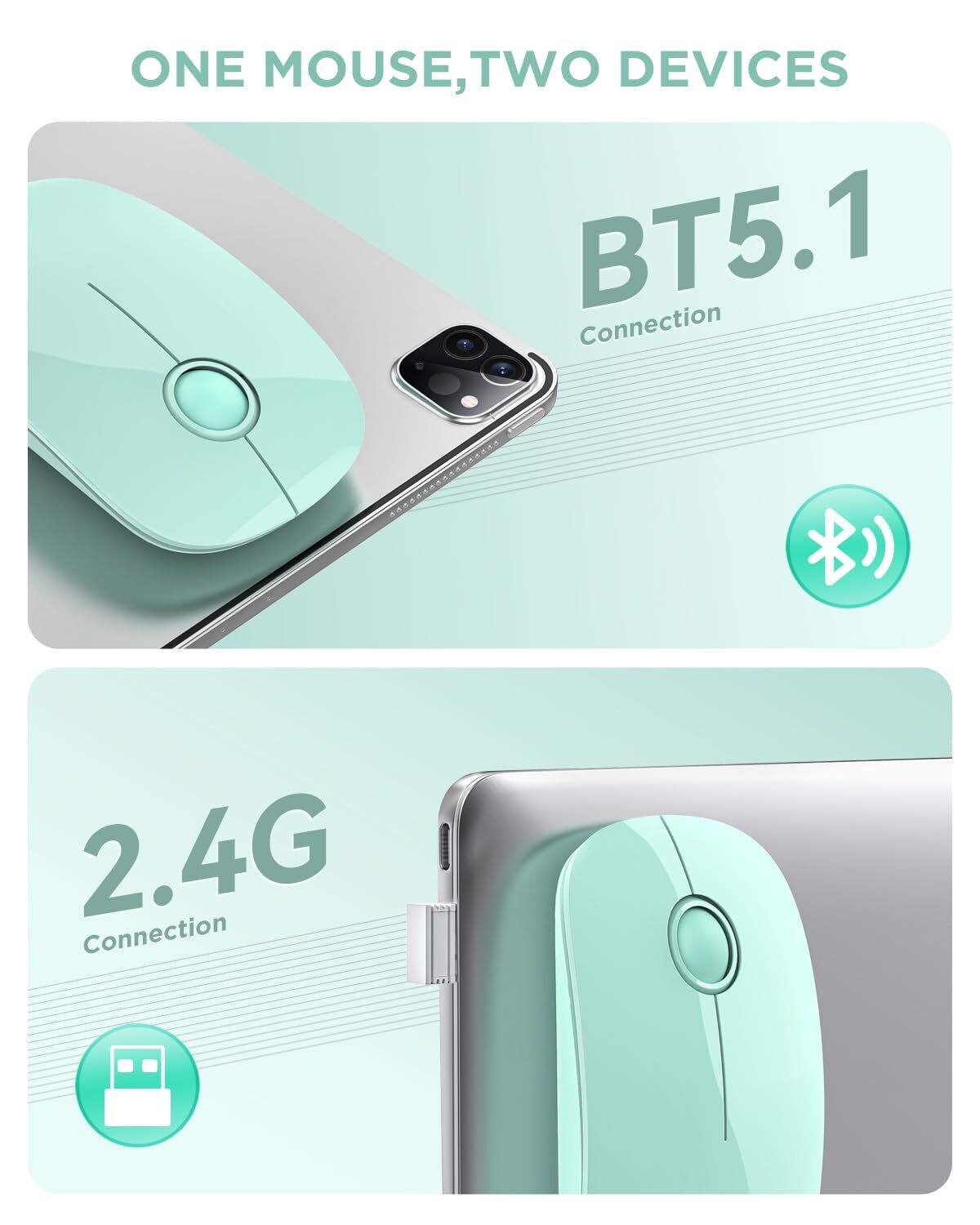 R306 Wireless Mouse Green Bluetooth USB 480 hours battery life 1600 DPI Compa...
