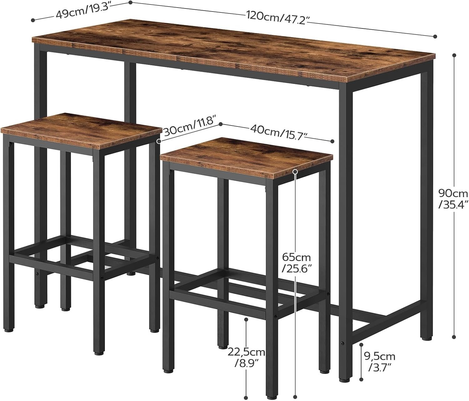 Bar Table and Chairs Set, 47.2” Rectangular Pub Table with 2 Stools for Small...