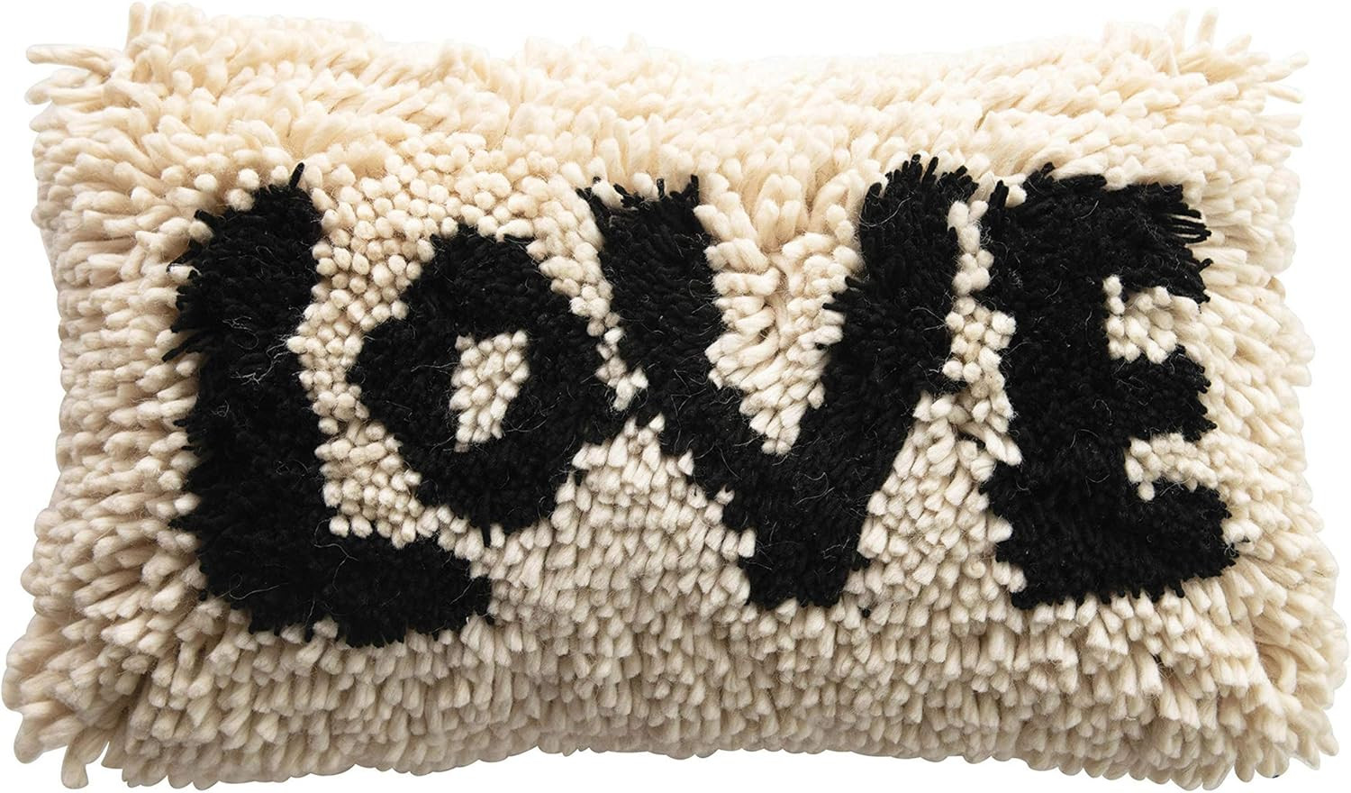 Woven Wool Shag Lumbar Pillow with Love Design, Black and Cream